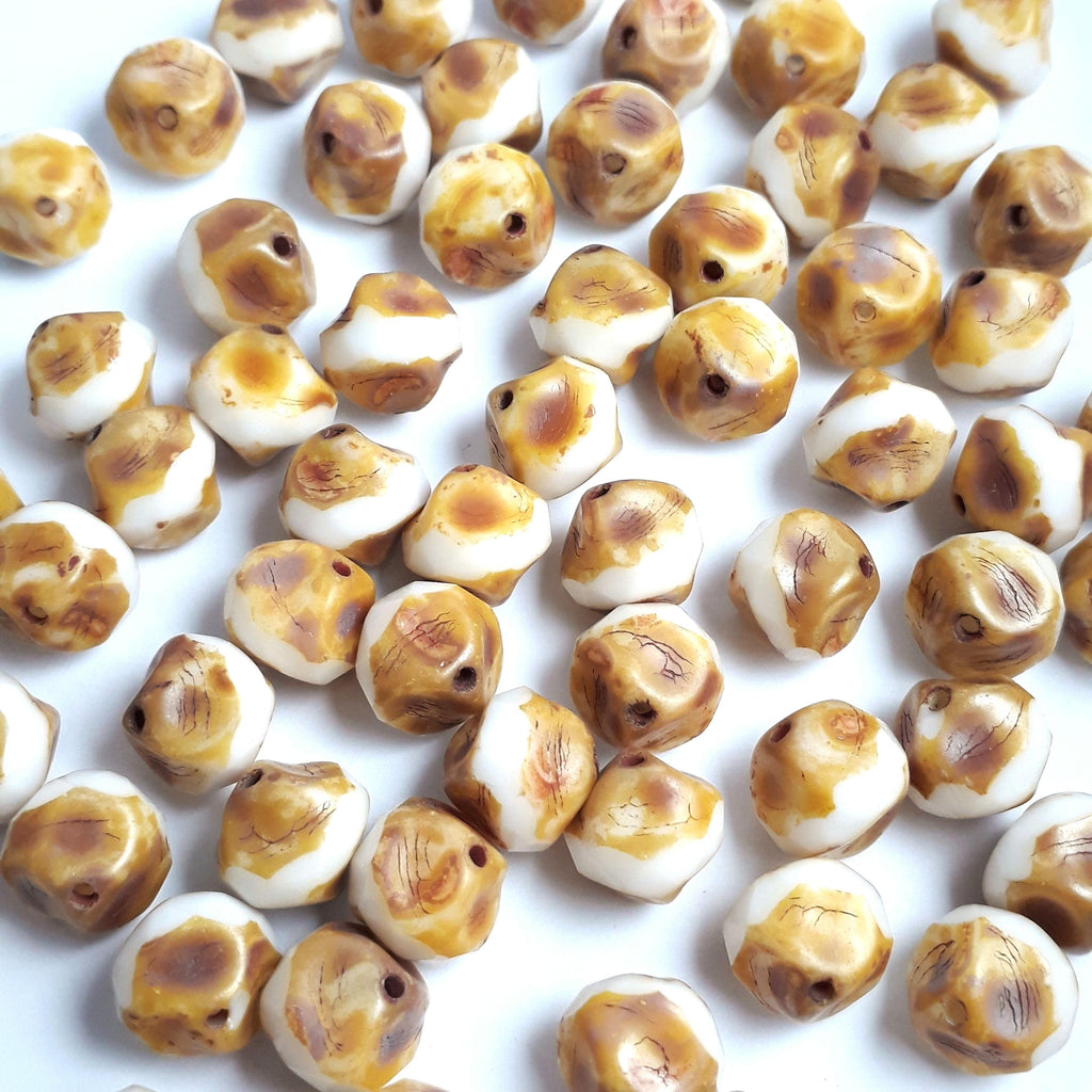 White & Brown Czech Glass Faceted Round 9x8mm - 6pcs