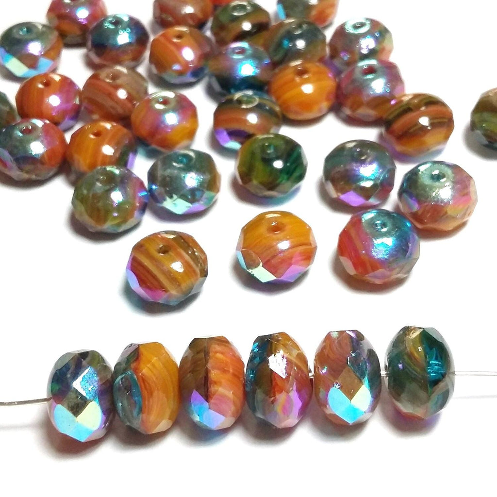 Burnt Orange & Metallic Blue Czech Glass Rondelle 11x7mm - 6pcs