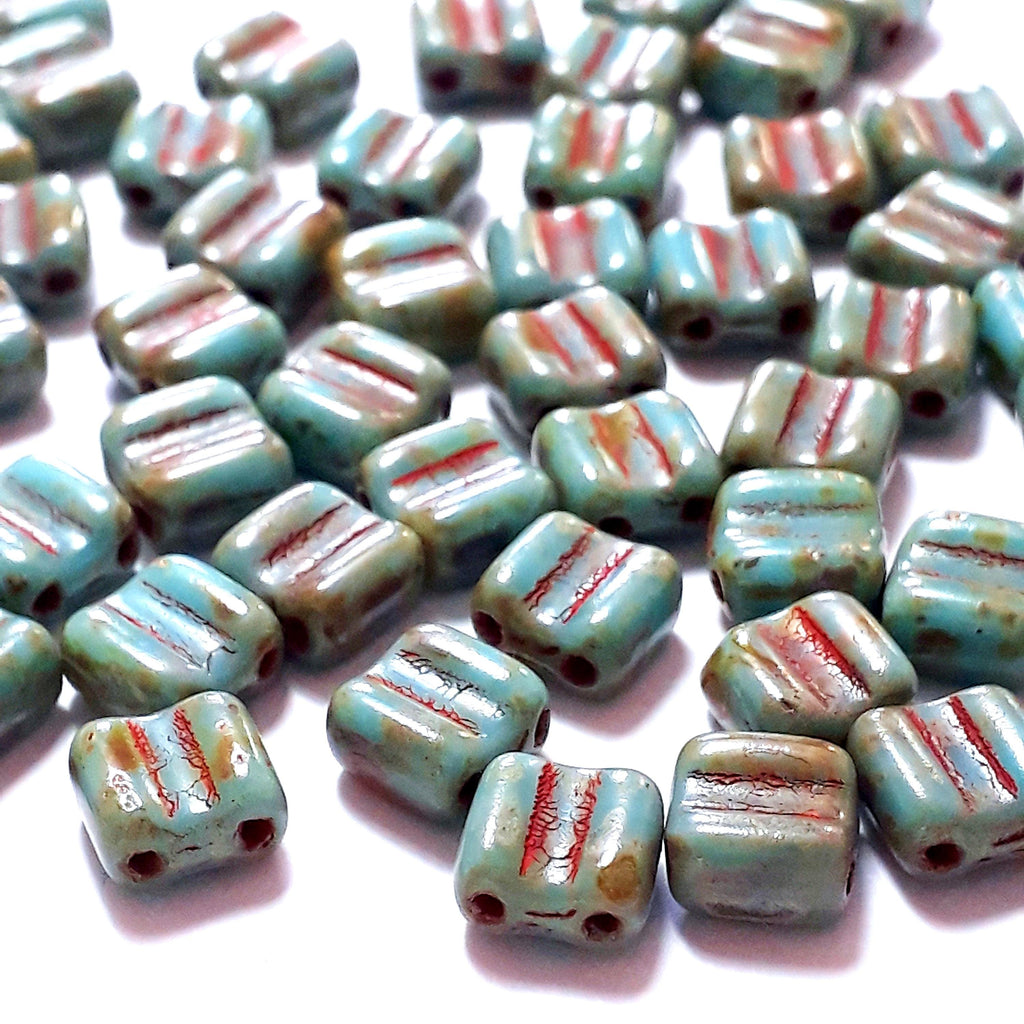 2-Hole Turquoise & Red Picasso Square Czech Glass 6mm - 20pcs