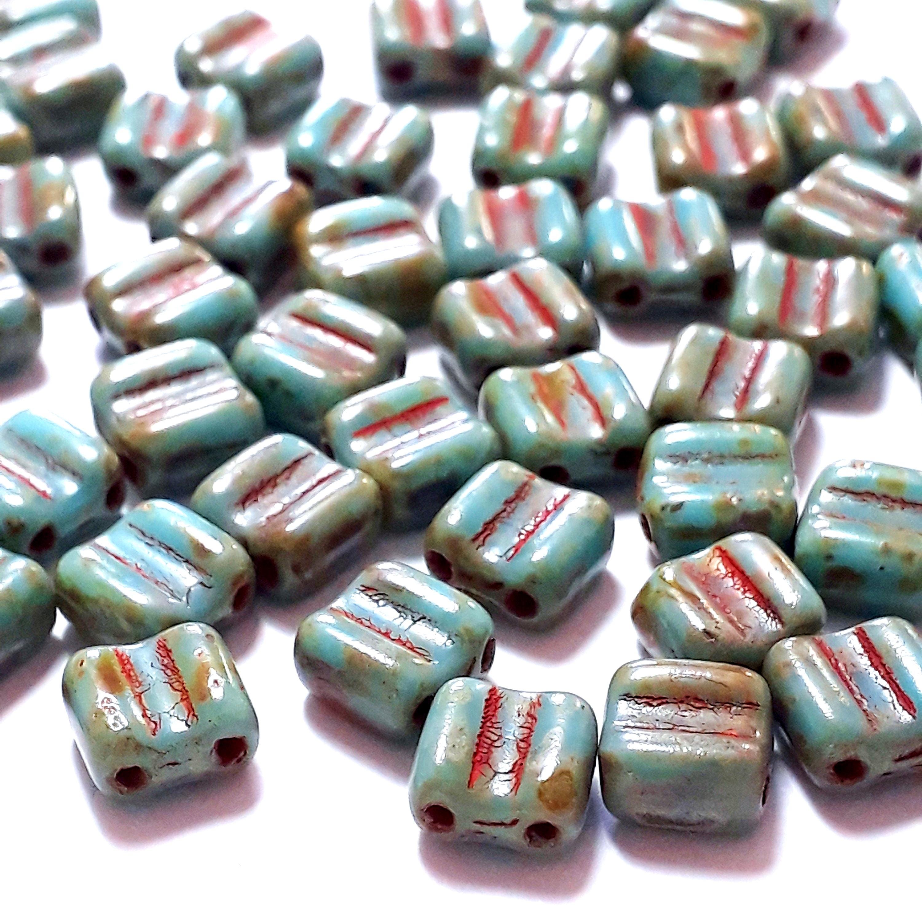 2-Hole Turquoise & Red Picasso Square Czech Glass 6mm - 20pcs