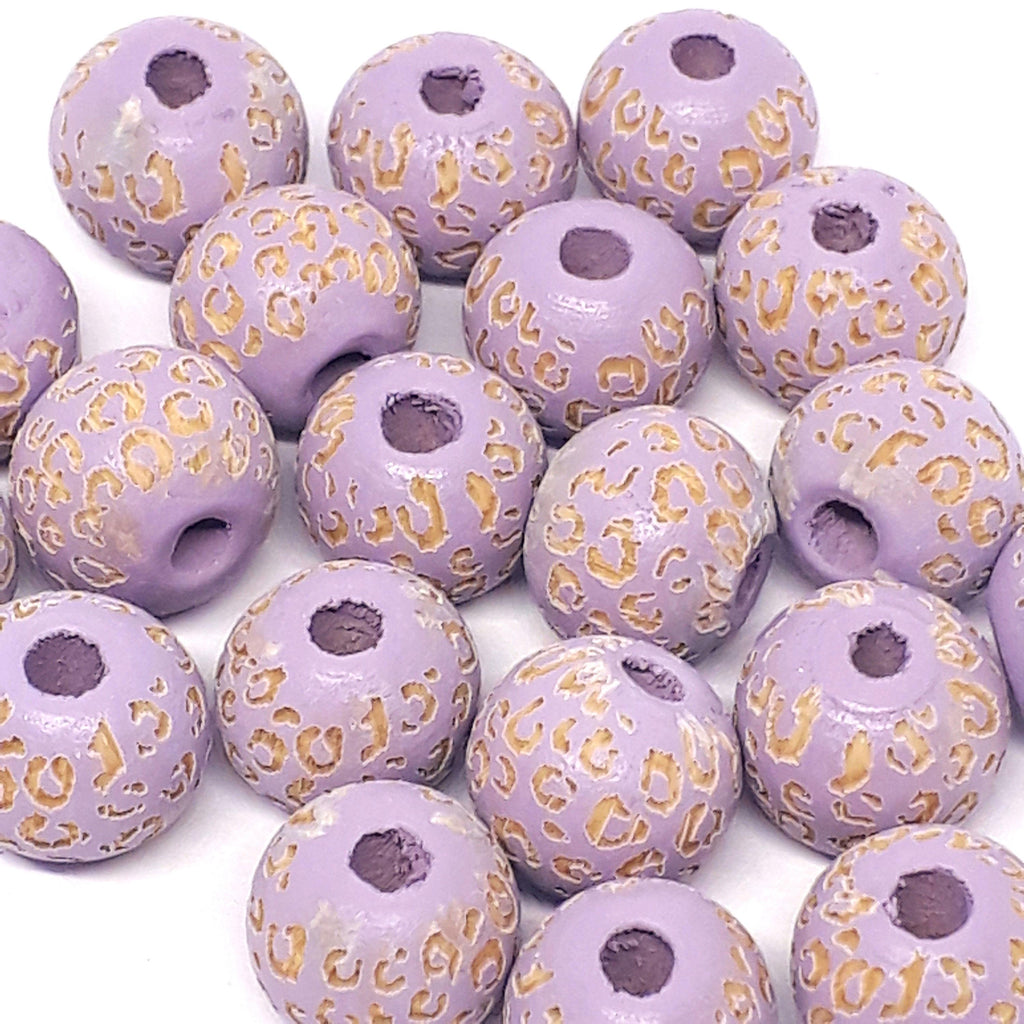 Purple Leopard Print Carved Wood Round 10x9mm - 5pcs