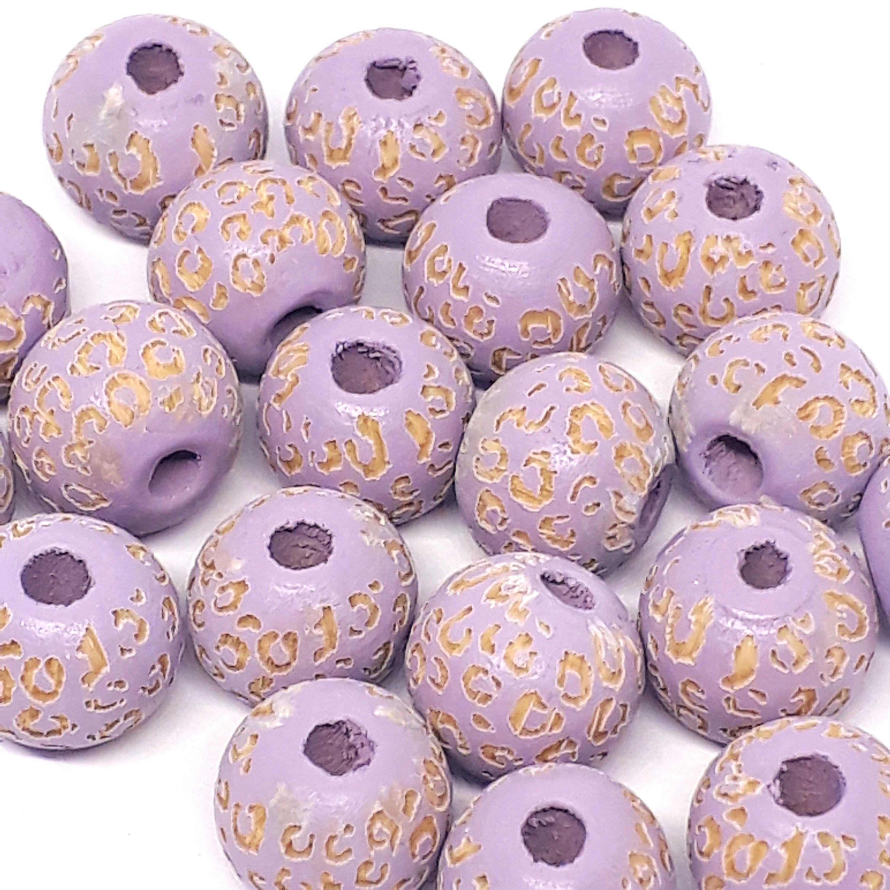Purple Leopard Print Carved Wood Round 10x9mm - 5pcs