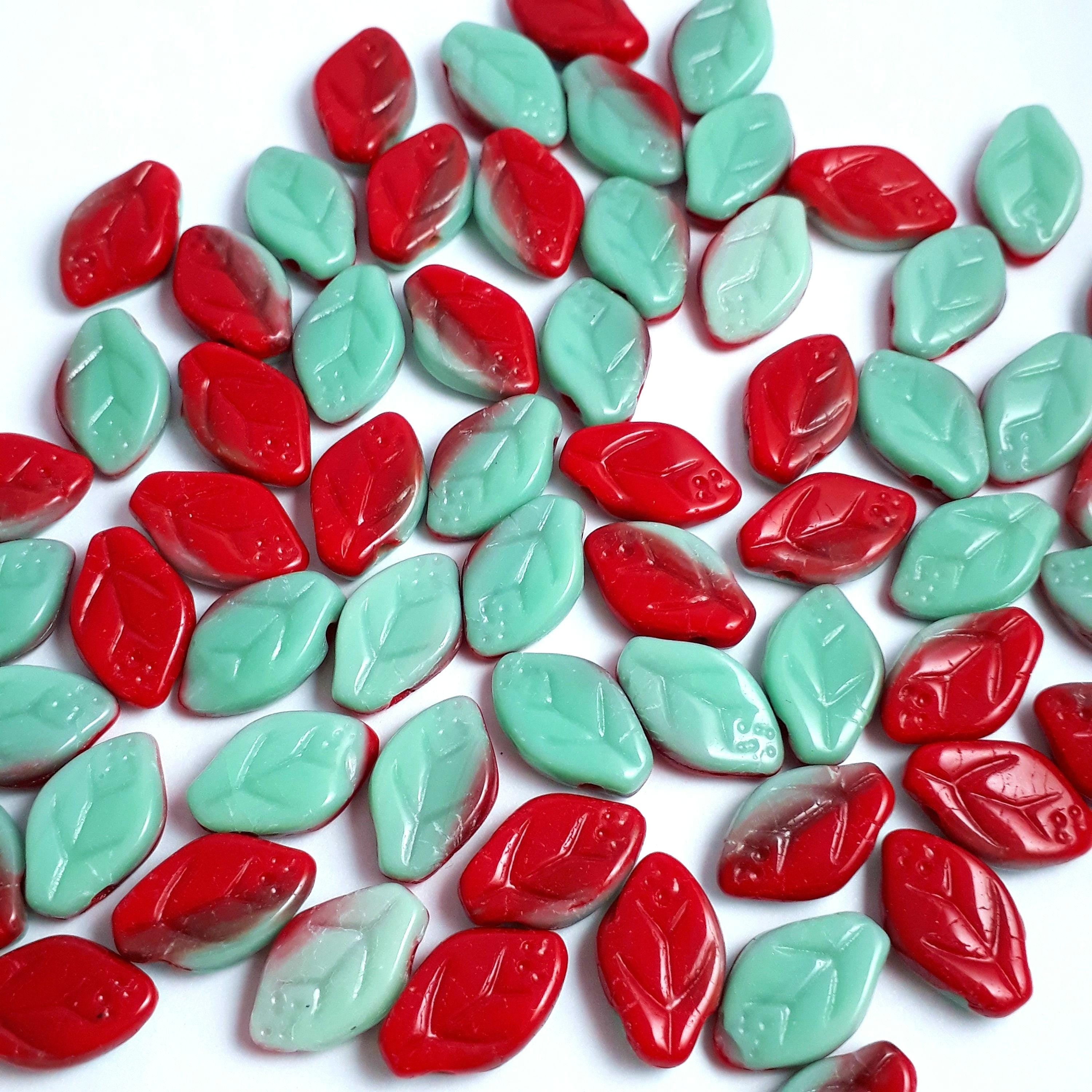 Turquoise & Red Czech Glass Leaf 12x7mm - 20pcs
