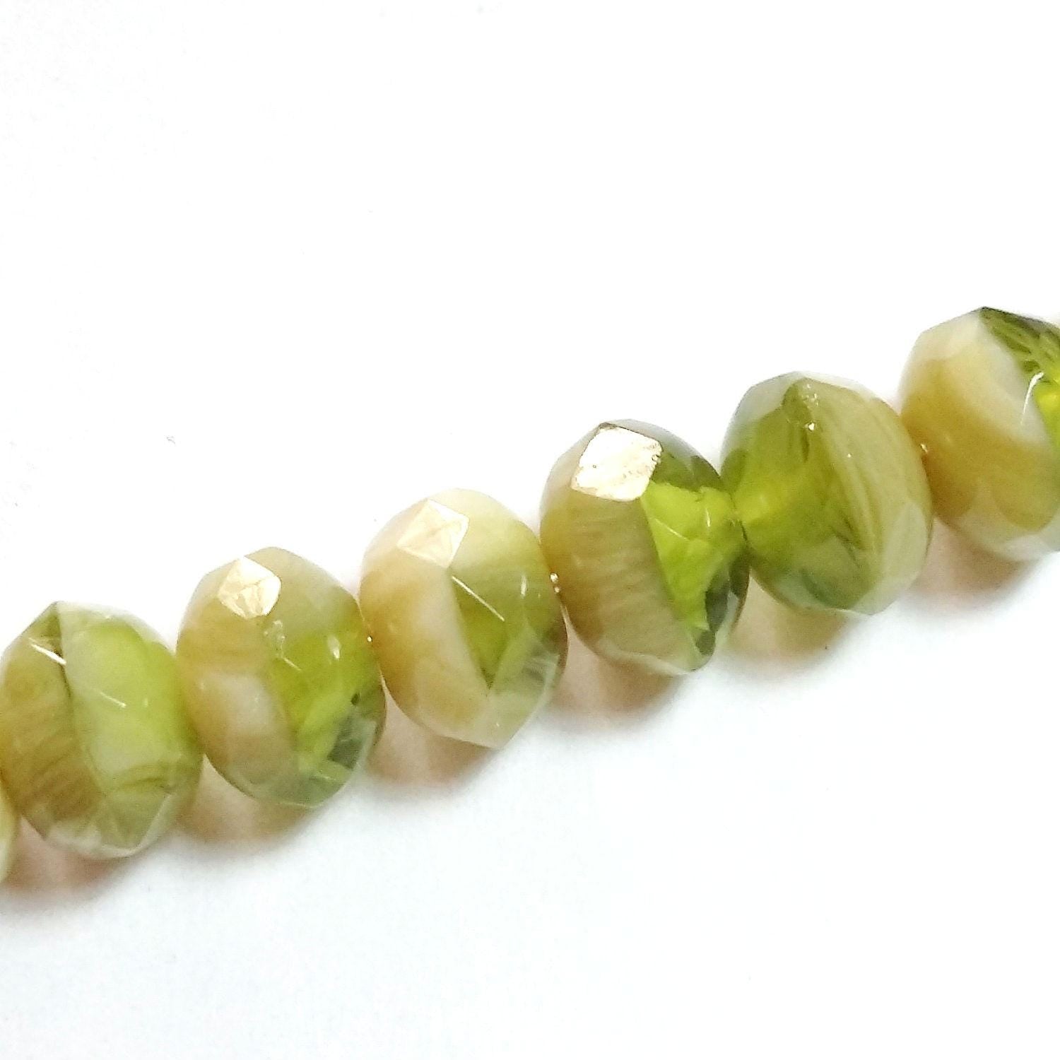 Cream & Green Czech Glass Rondelle 9x6mm - 10pcs