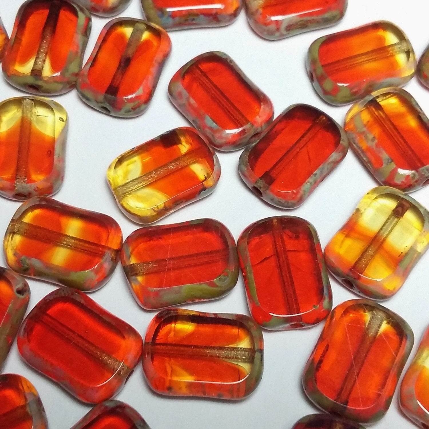 Orange & Yellow Czech Glass Rectangle 12x9mm - 6pcs