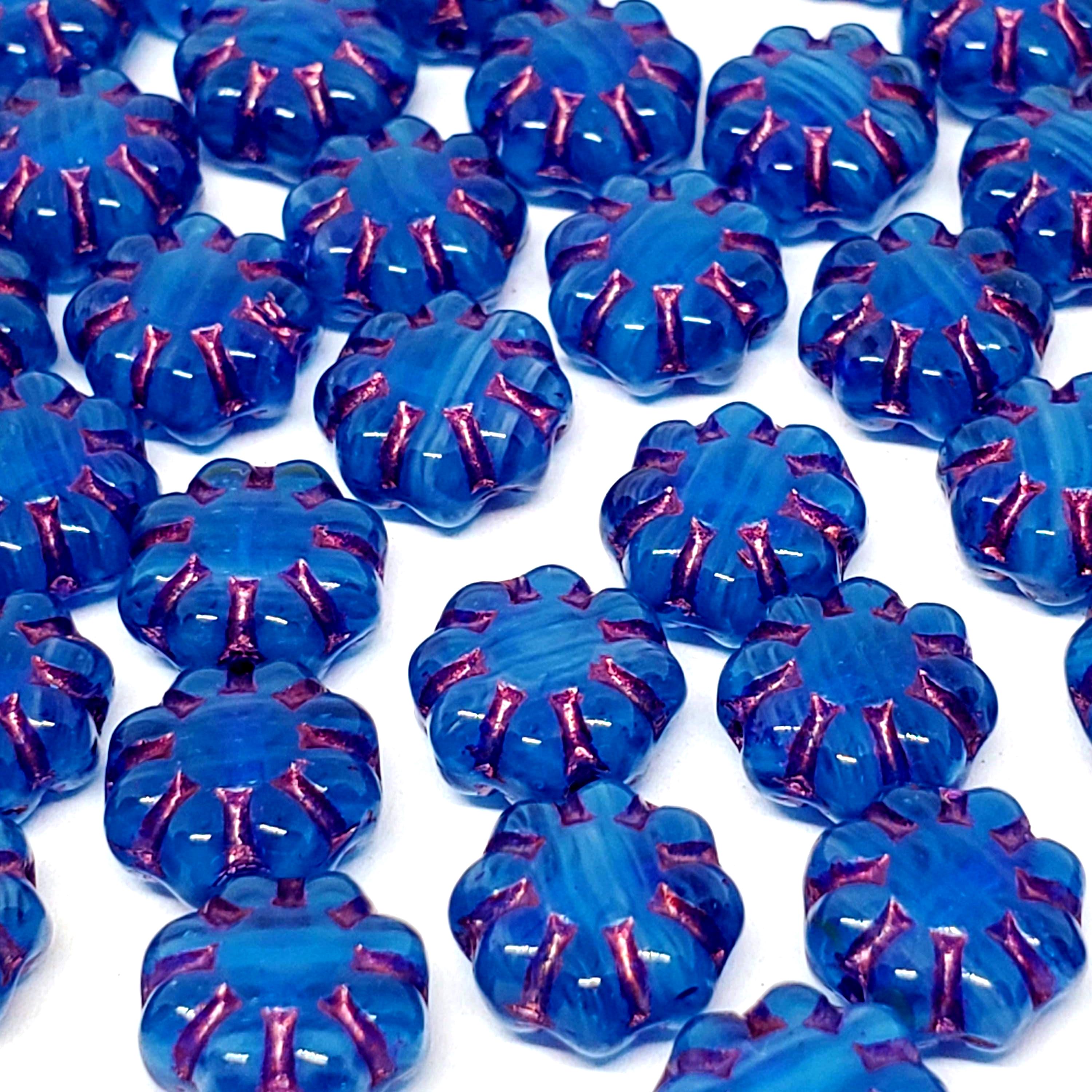 Blue & Magenta Lined Czech Glass Hawaiian Flower 9mm - 10pcs