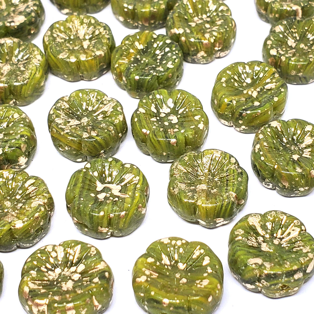 Striped Green & Gold Leaf Hawaiian Flower Czech Glass 14mm - 6pcs