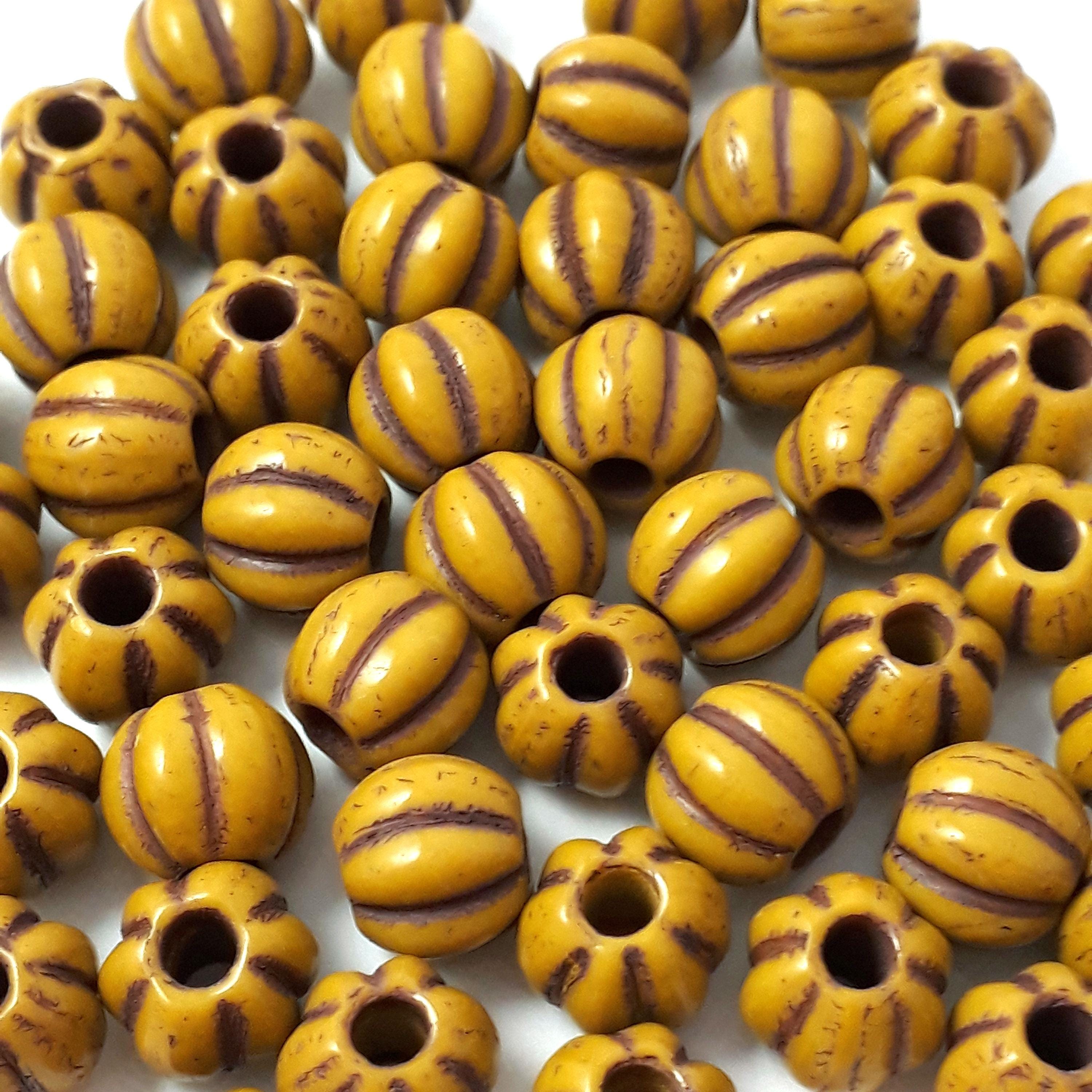 Caramel & Brown Striped Round Fluted Czech Glass 8x7mm - 20pcs