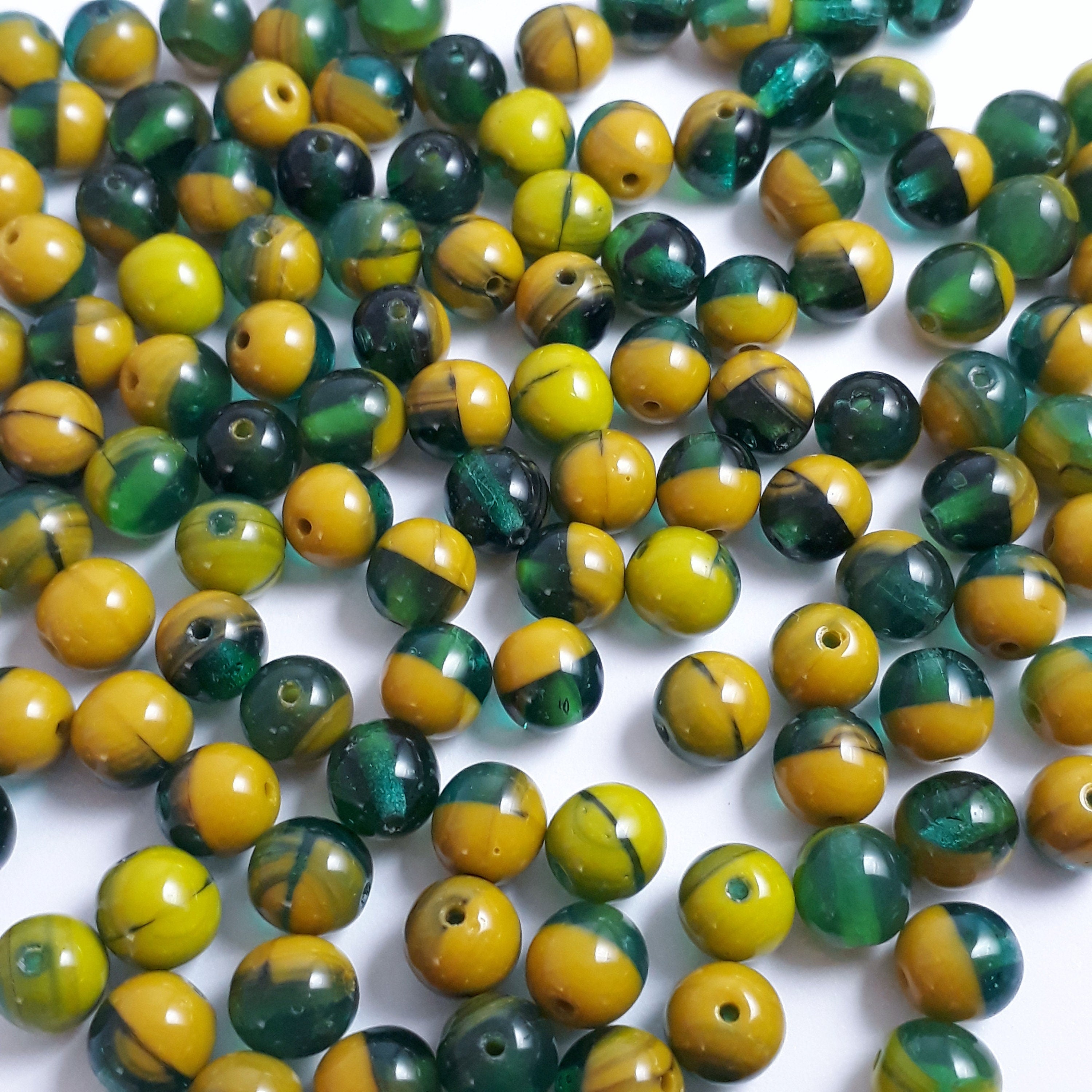 Dark Green, Orange & Yellow Czech Glass Round 6mm - 30pcs
