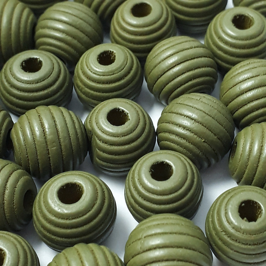 Khaki Green Wood Fluted Oval 12x11mm - 10pcs