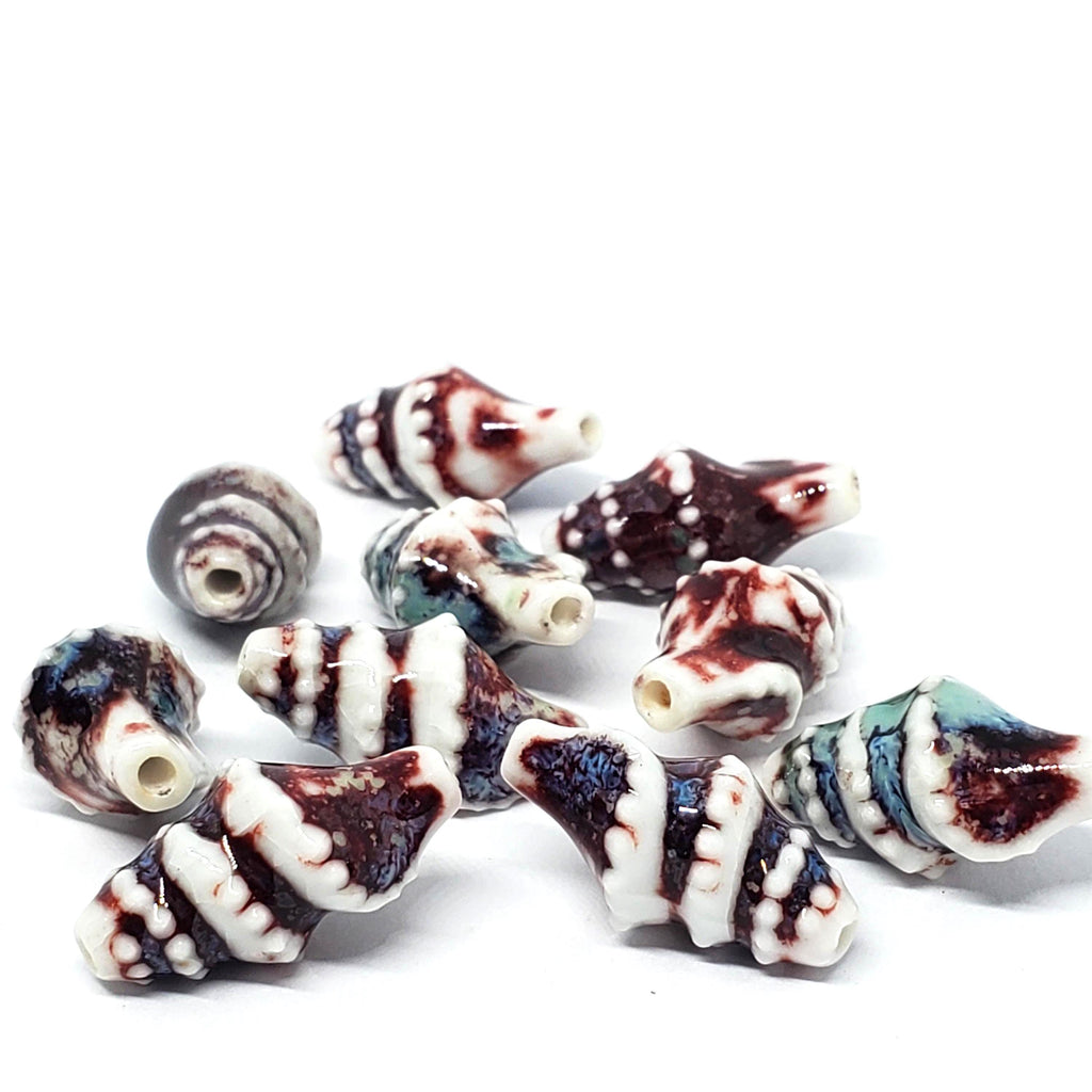 White. Blue & Red Conch Shell Glazed Ceramic 20x11mm - 2pcs