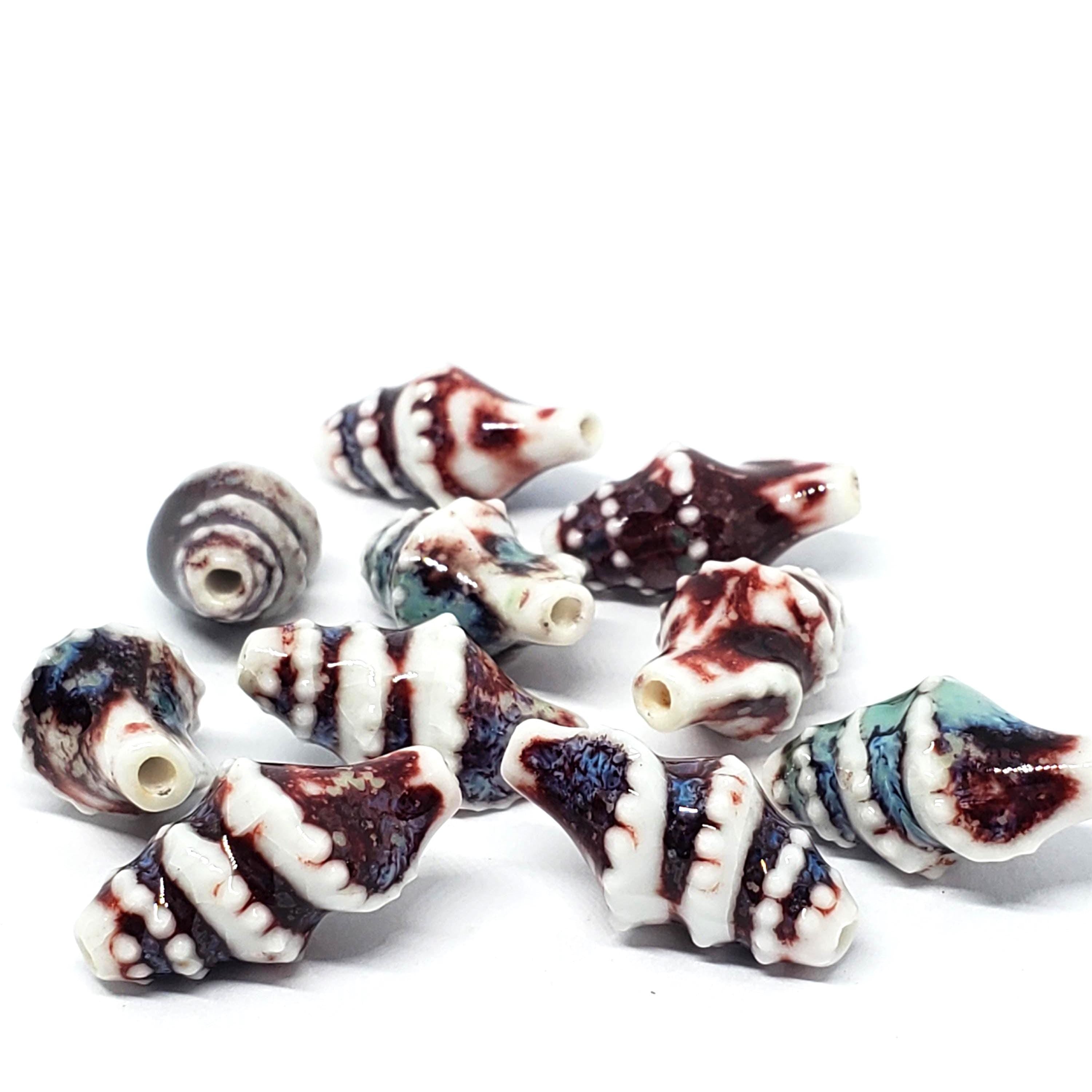 White. Blue & Red Conch Shell Glazed Ceramic 20x11mm - 2pcs