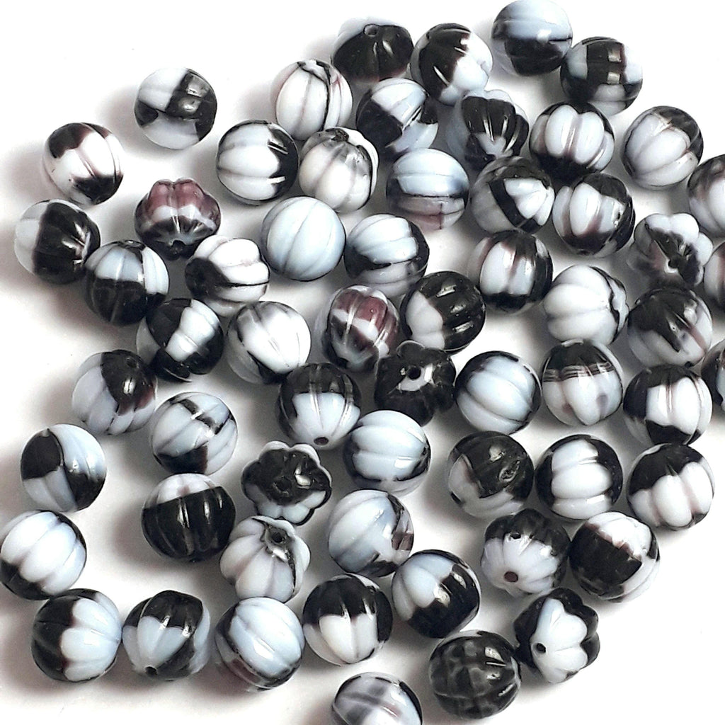 Black, White & Brown Fluted Czech Glass 8mm - 10pcs