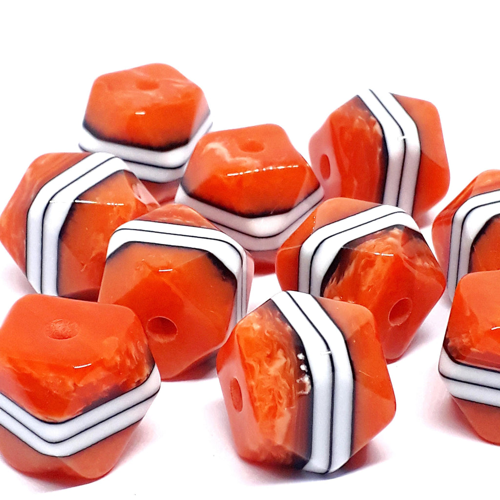 Orange White Striped Faceted Cube Resin 15mm - 2pcs
