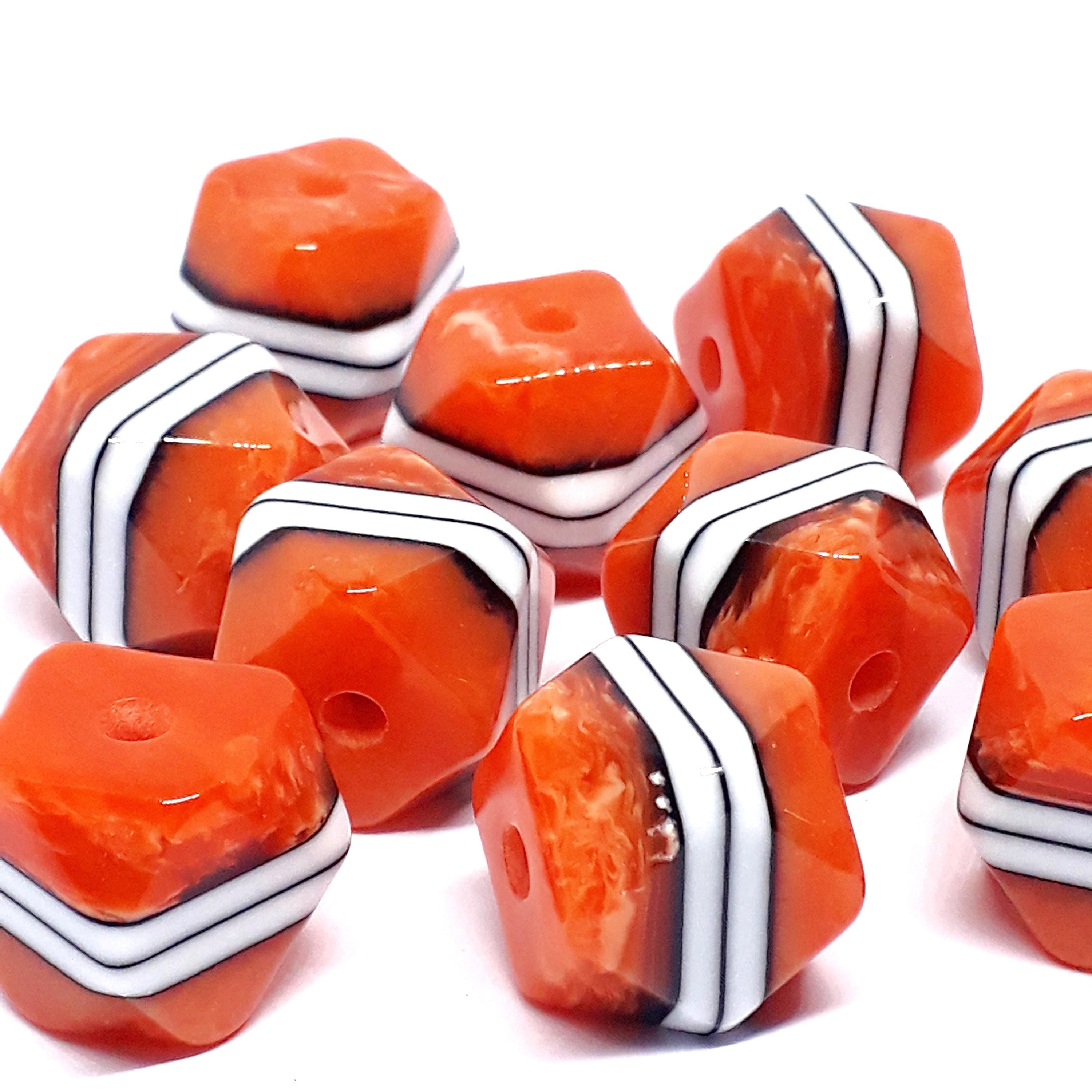 Orange White Striped Faceted Cube Resin 15mm - 2pcs