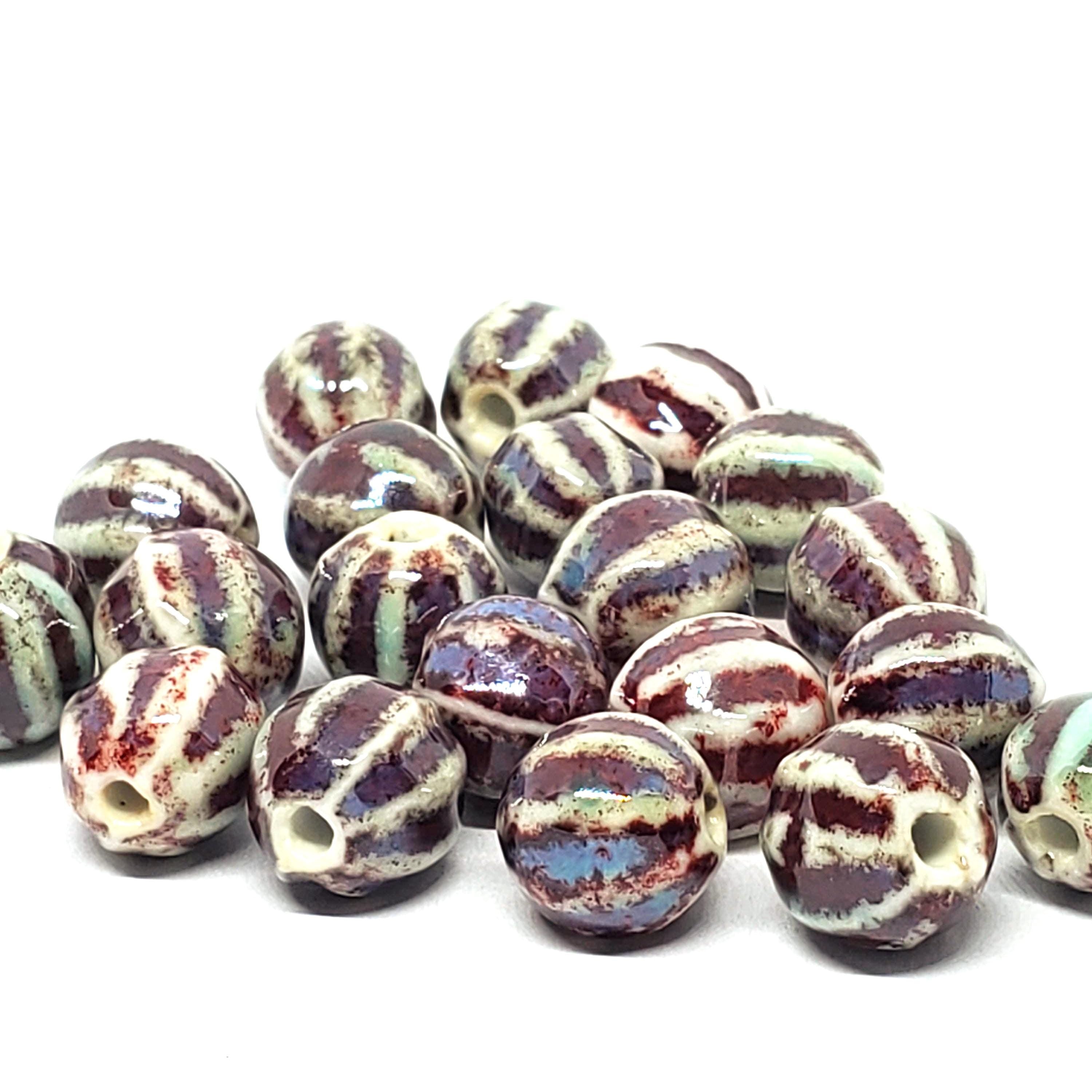 Ceramic Round Fluted White/Red Multicolour 10mm - 10pcs