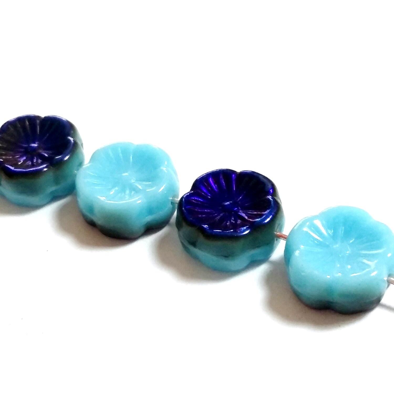 Blue Metallic Czech Glass Hawaiian Flower 12mm - 6pcs