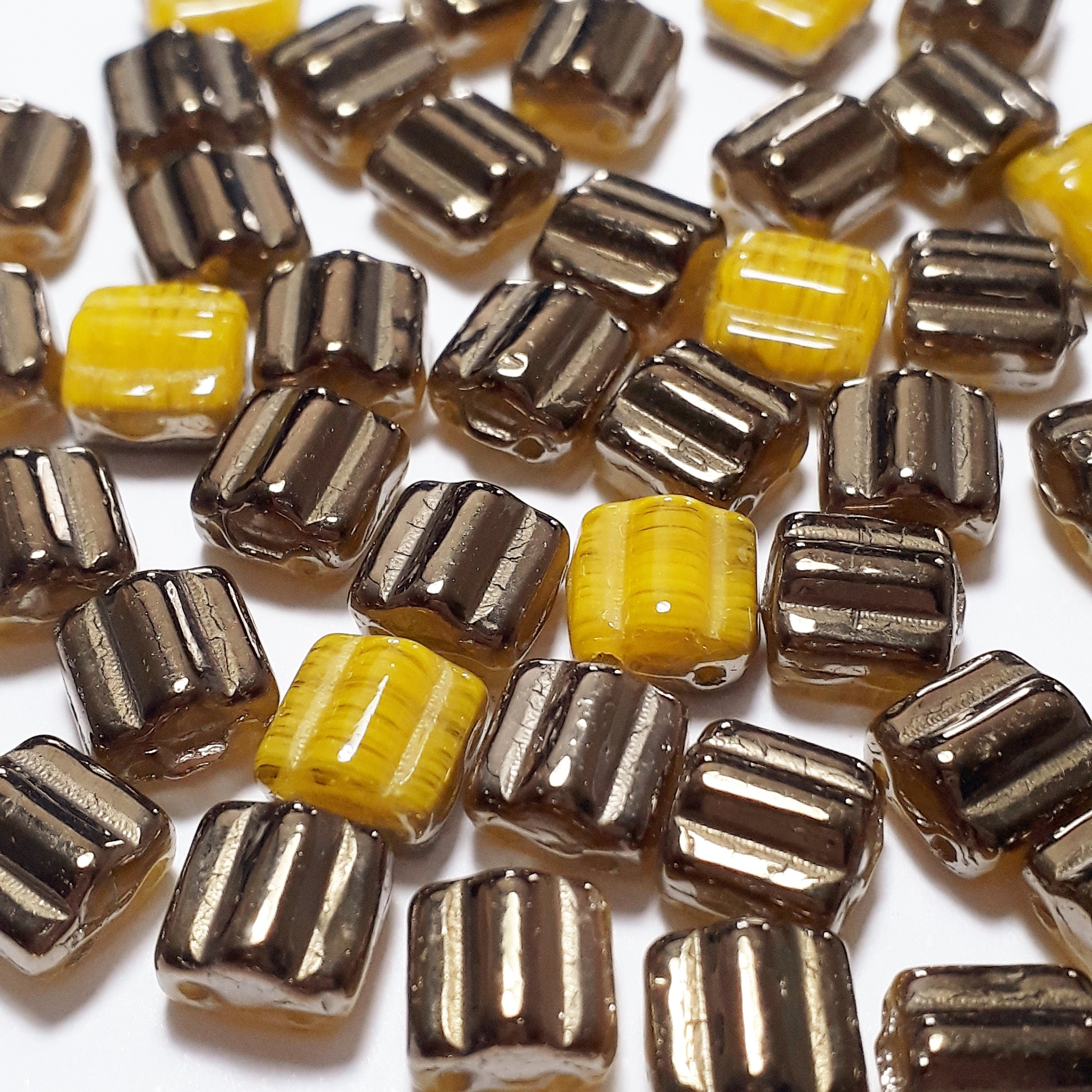 2-Hole Yellow & Bronze Czech Glass Square 6mm - 20pcs
