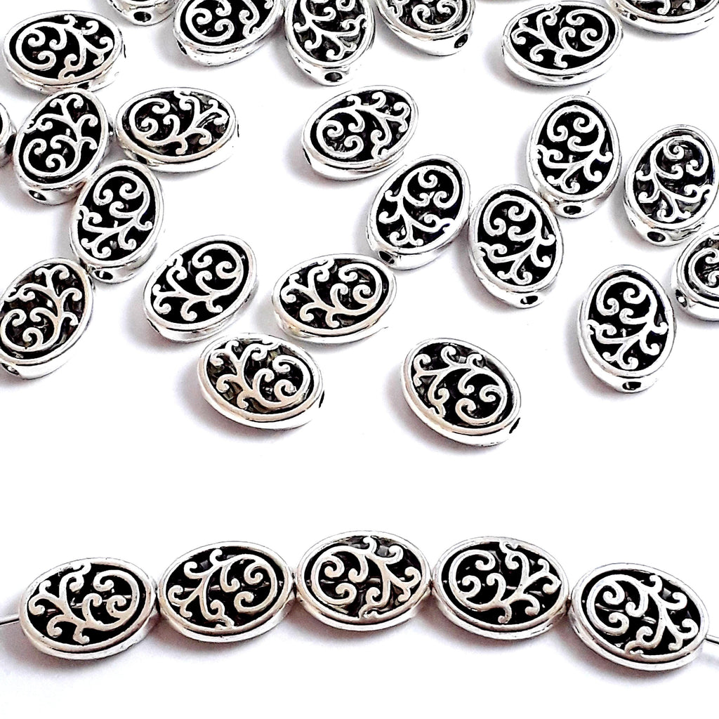 Oval Filigree Floral Antique Silver 12x10mm - 10pcs