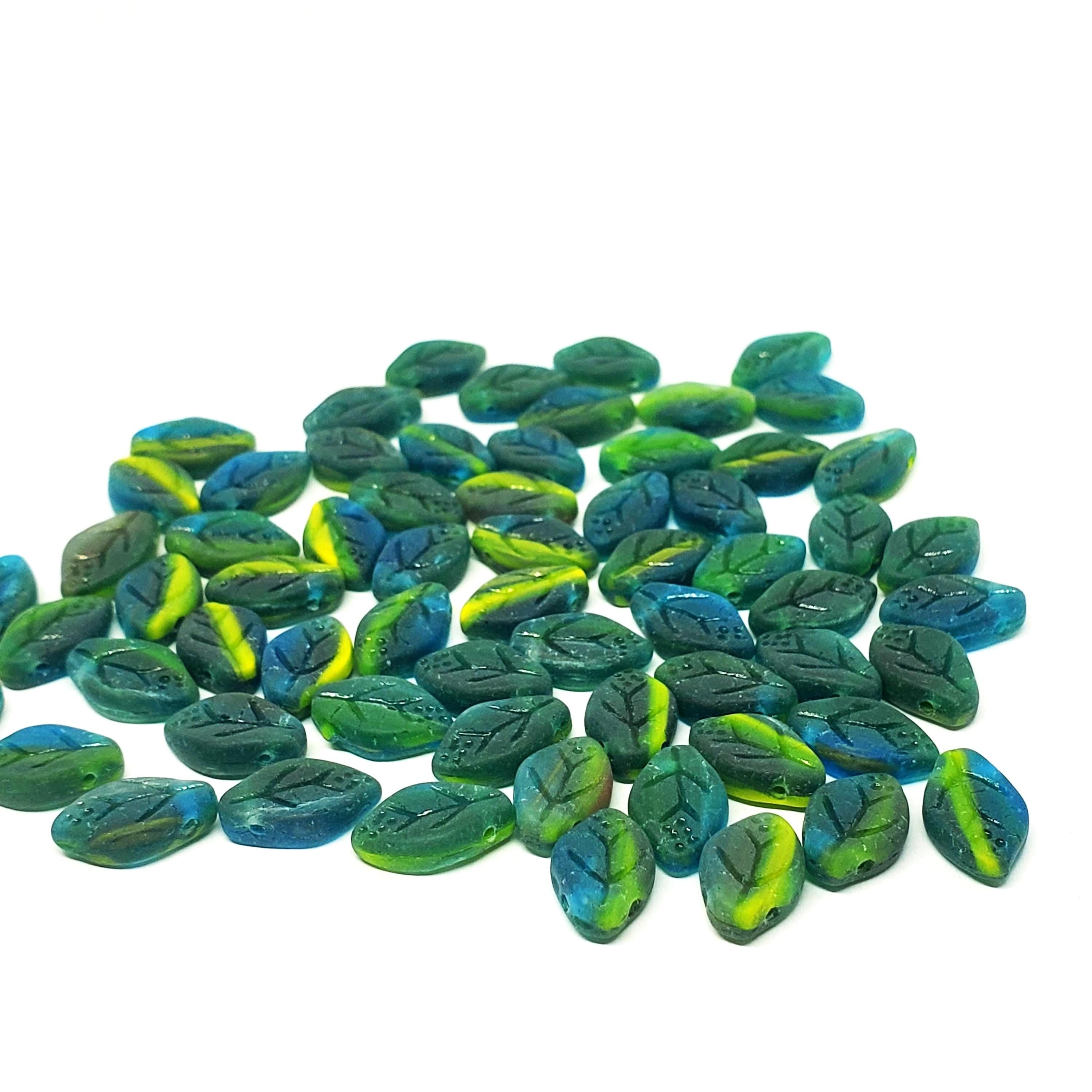Matte Green, Yellow & Blue Czech Glass Leaf 12x7mm - 20pcs