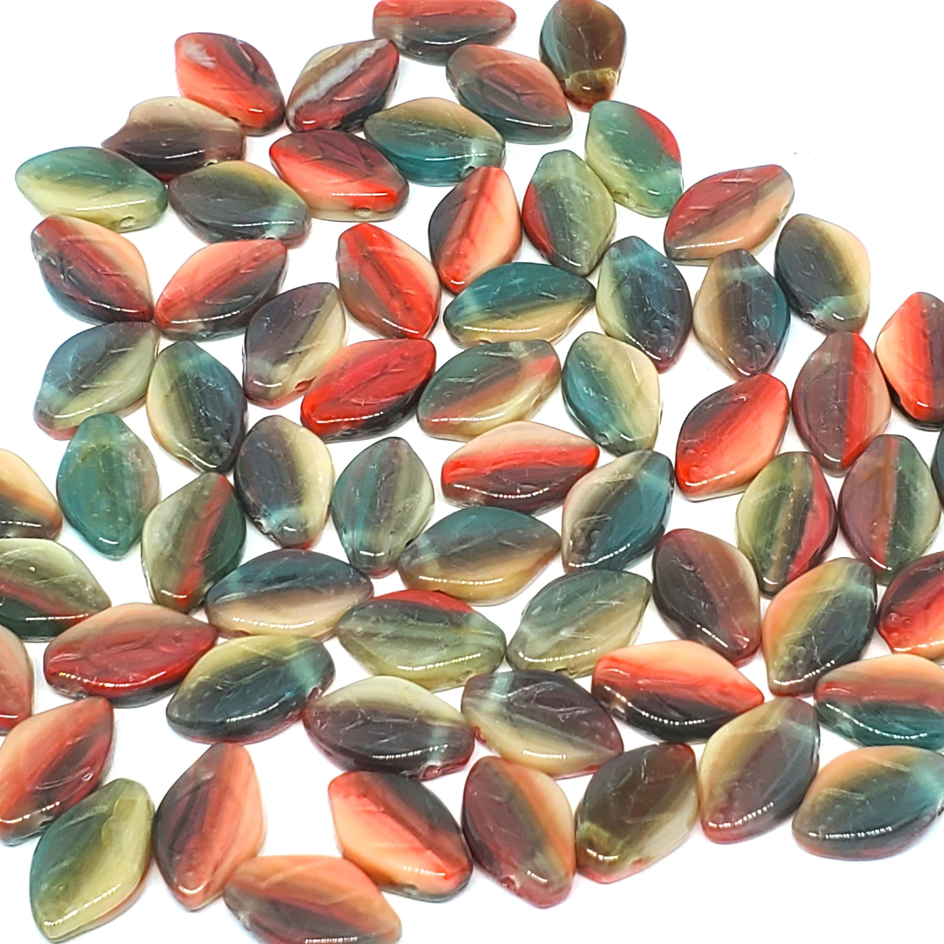 Green, Red & Beige Czech Glass Leaf 12x7mm - 20pcs