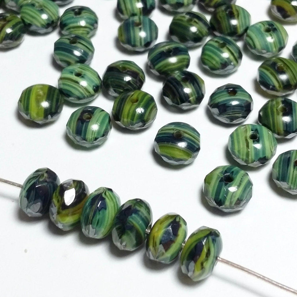 Green Striped Czech Glass Faceted Rondelle 7x4mm - 10pcs