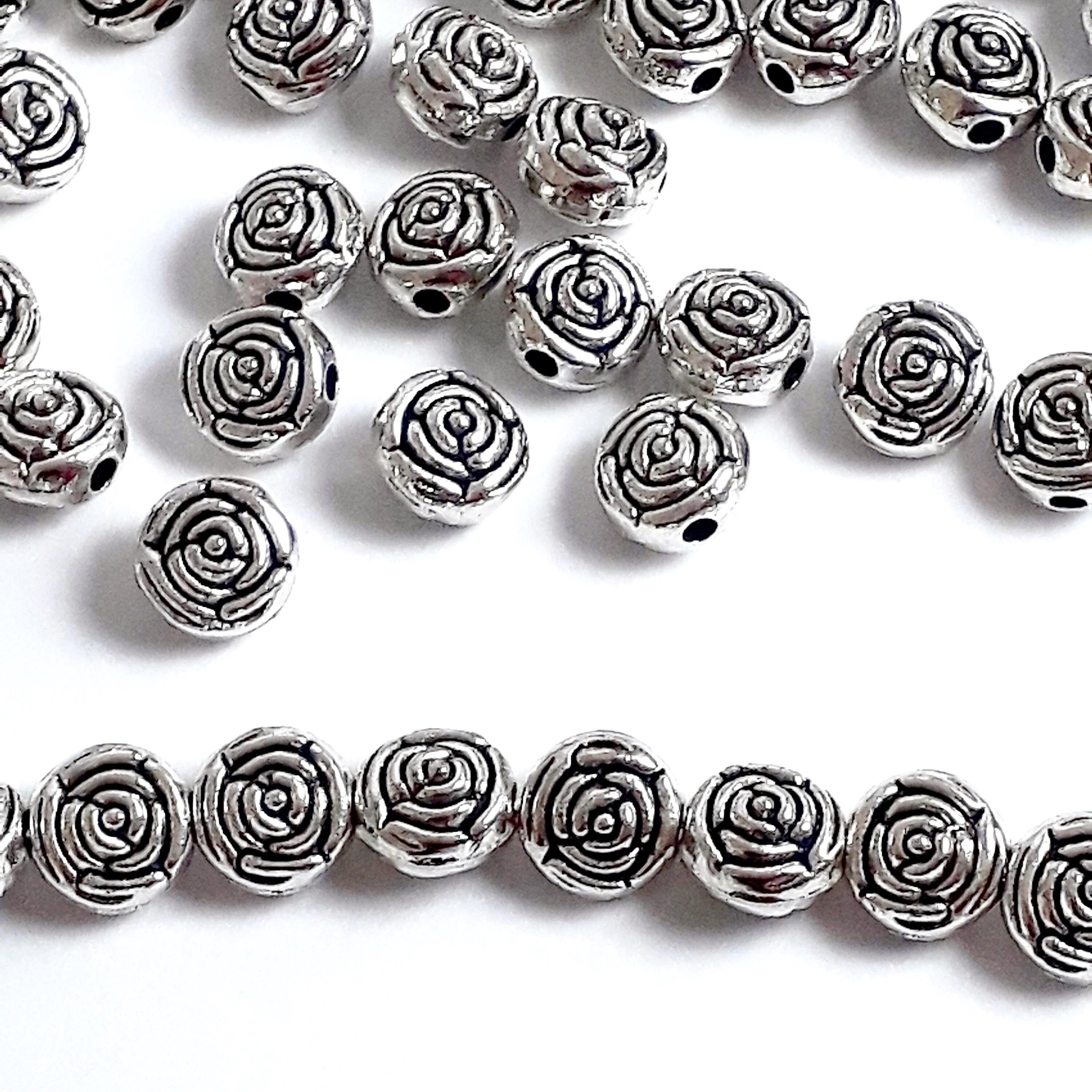 Round Rose Flower Antique Silver 7mm - 20pcs