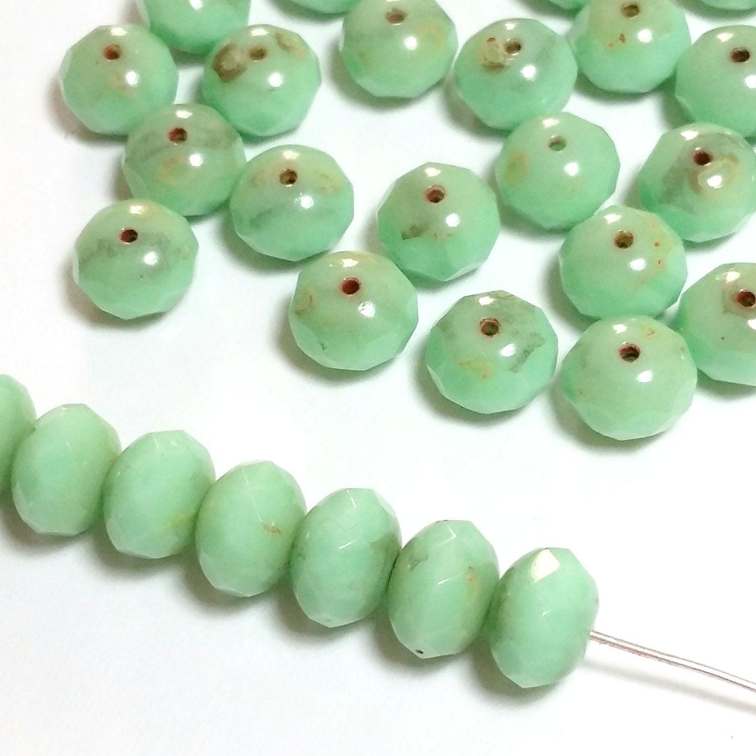 Mint Green Picasso Czech Glass Faceted Rondelle 9x6mm - 6pcs