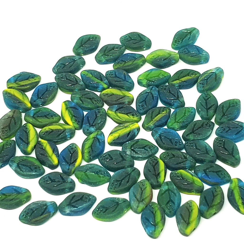 Matte Green, Yellow & Blue Czech Glass Leaf 12x7mm - 20pcs