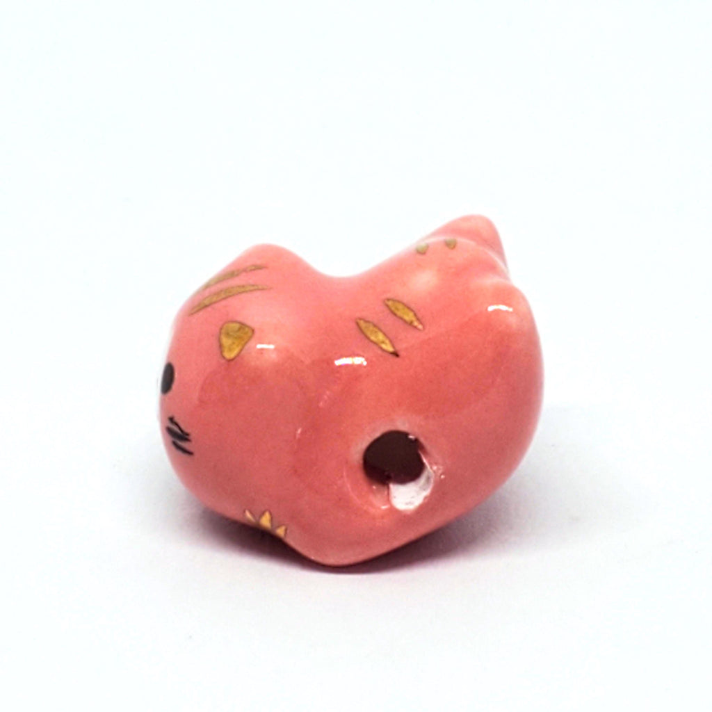 Chinese Cat Ceramic Pink & Gold 16x13mm - 1pc