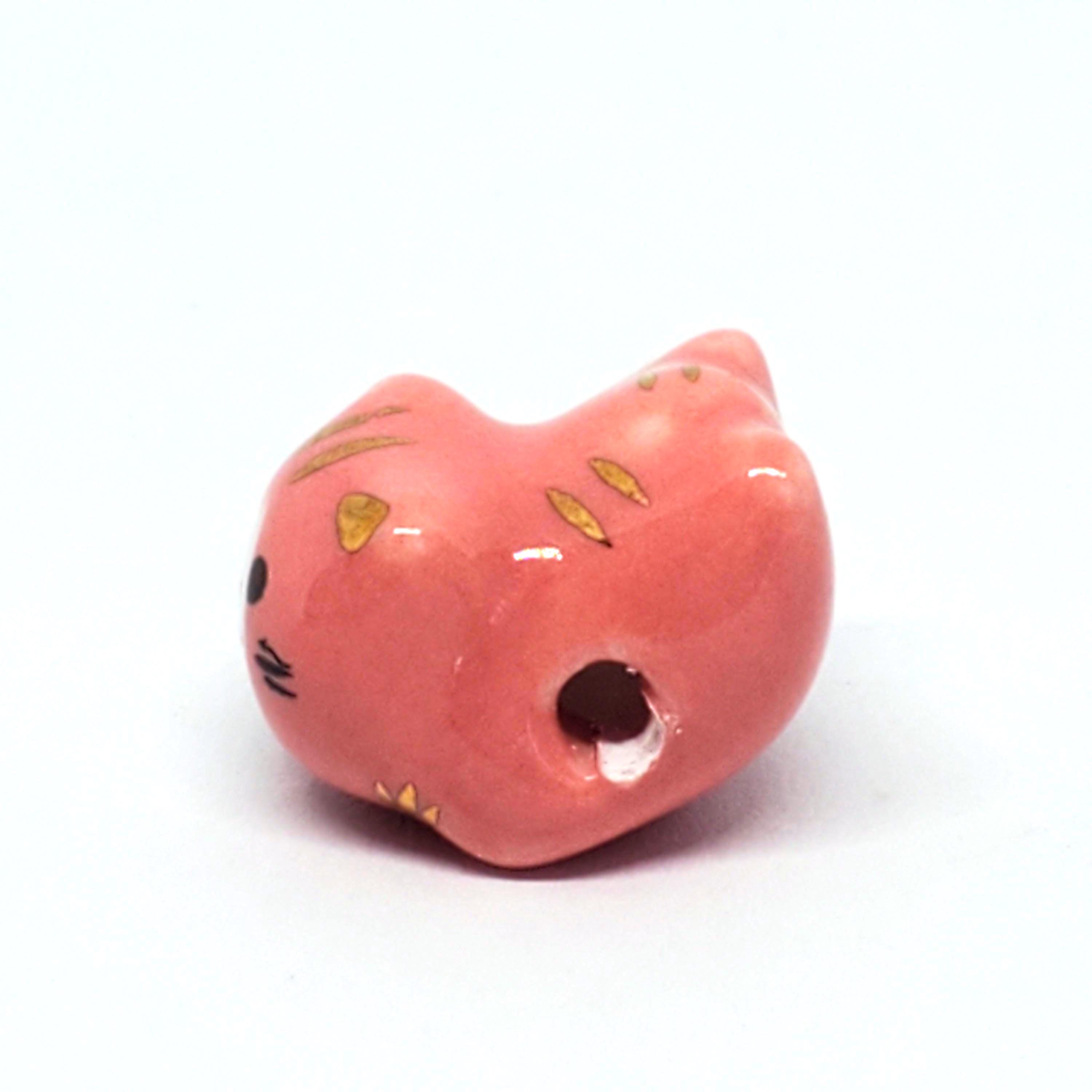 Chinese Cat Ceramic Pink & Gold 16x13mm - 1pc