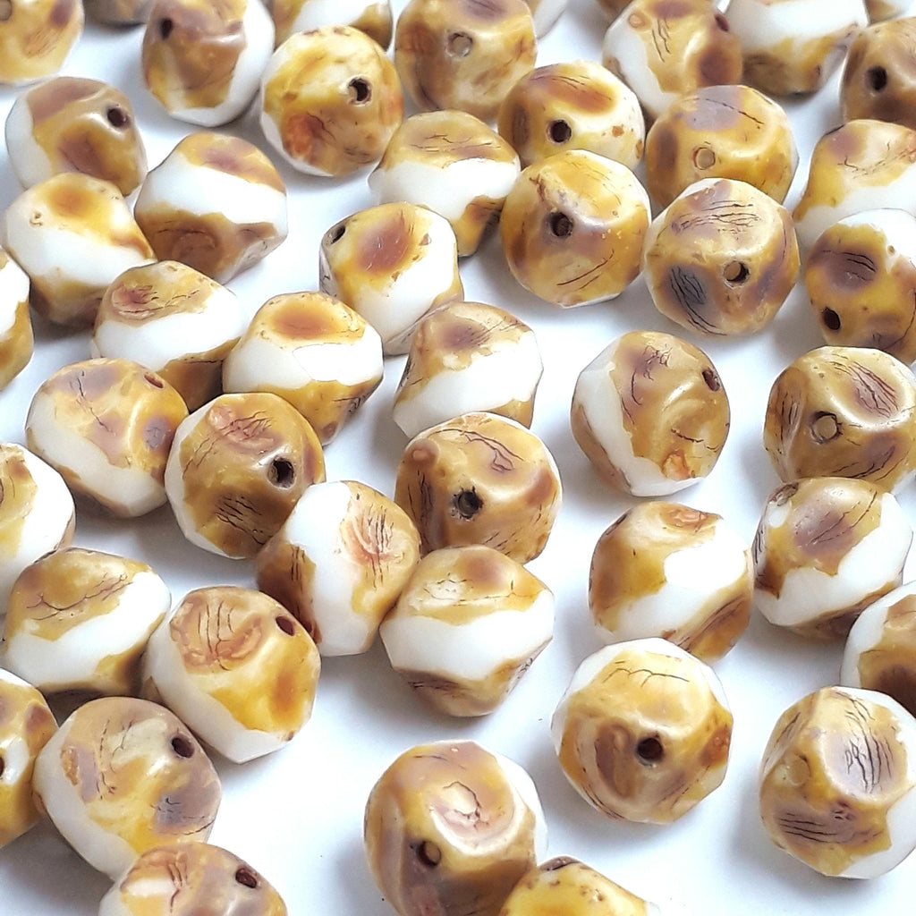 White & Brown Czech Glass Faceted Round 9x8mm - 6pcs