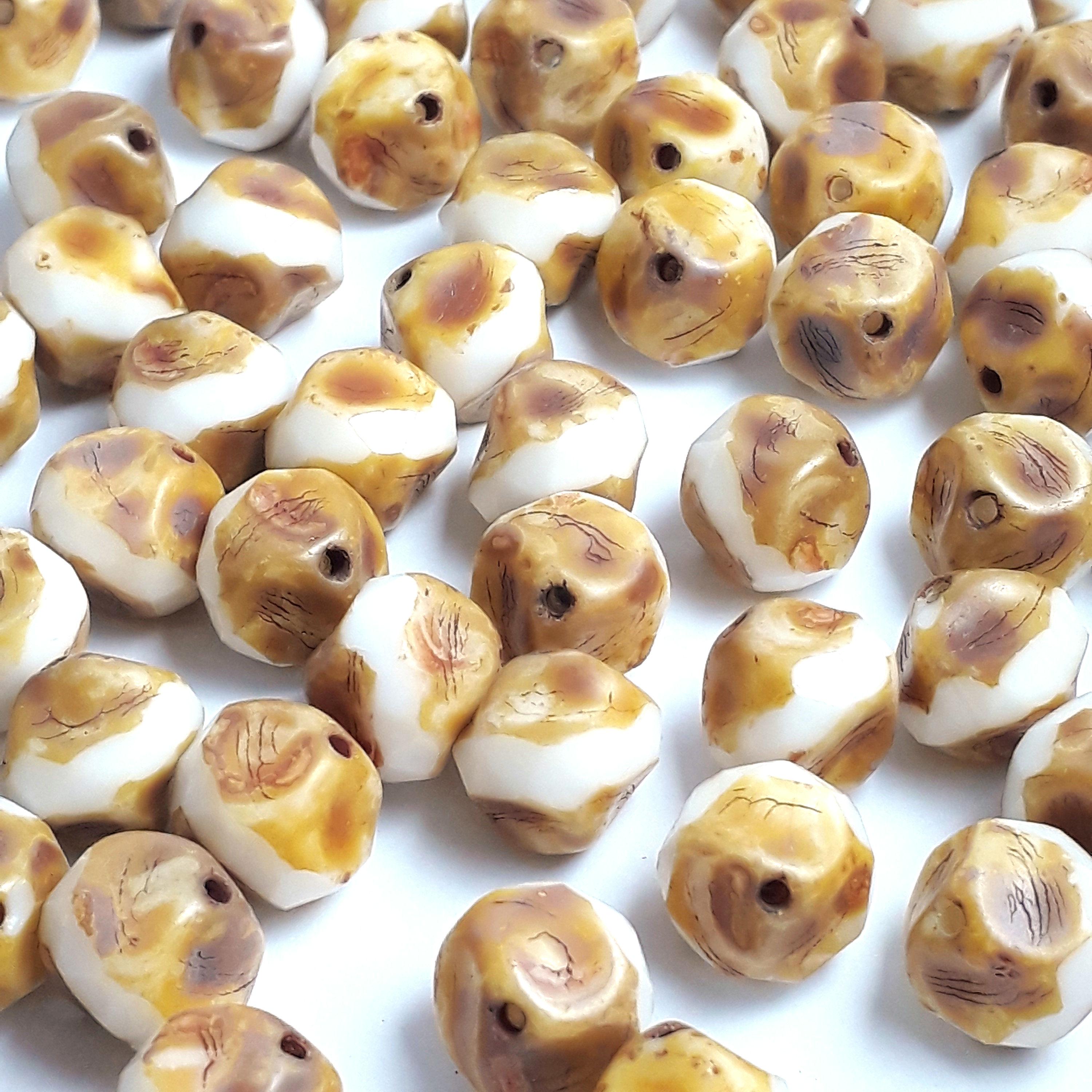 White & Brown Czech Glass Faceted Round 9x8mm - 6pcs