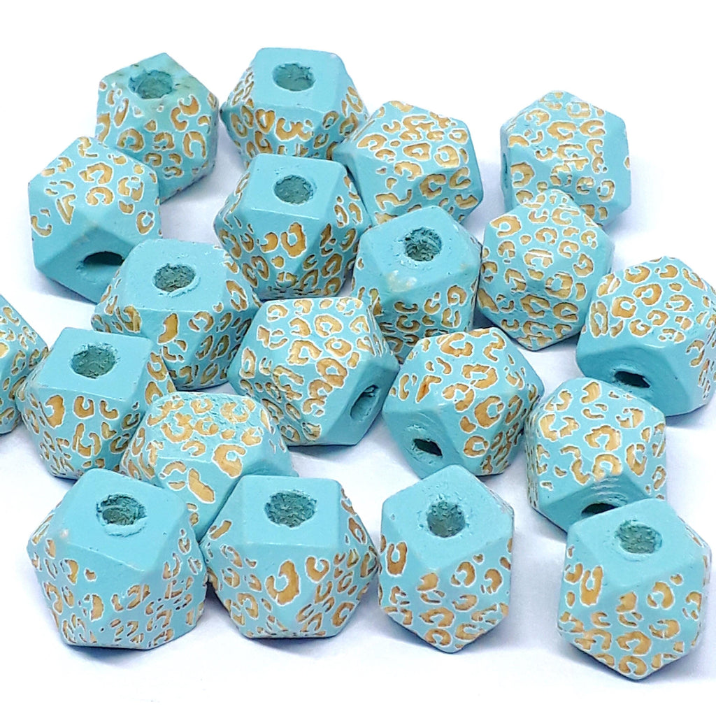 Turquoise Leopard Print Carved Wood Polygon 10x10mm - 5pcs