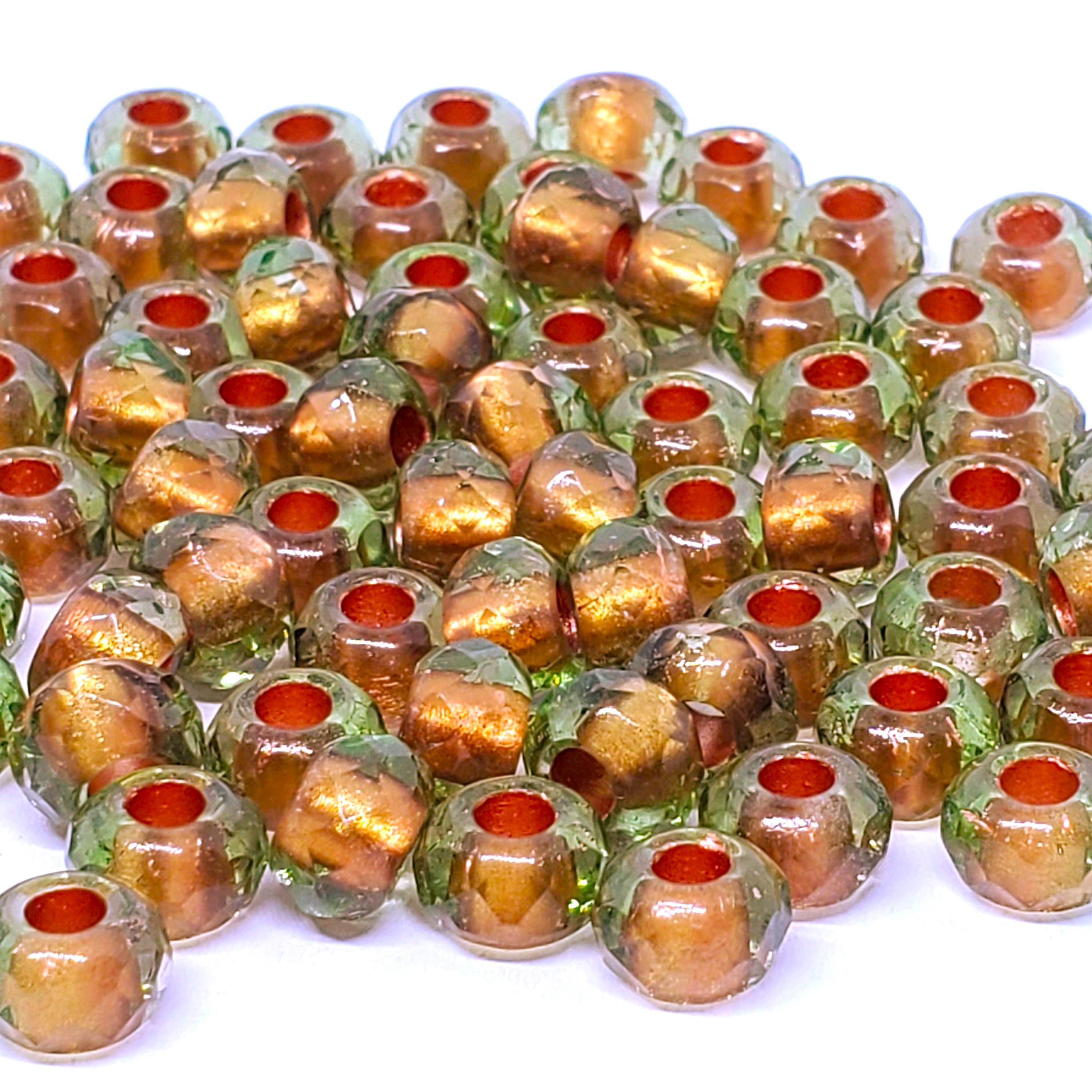 Green & Copper Lined Czech Glass Donut 9x6mm - 10pcs