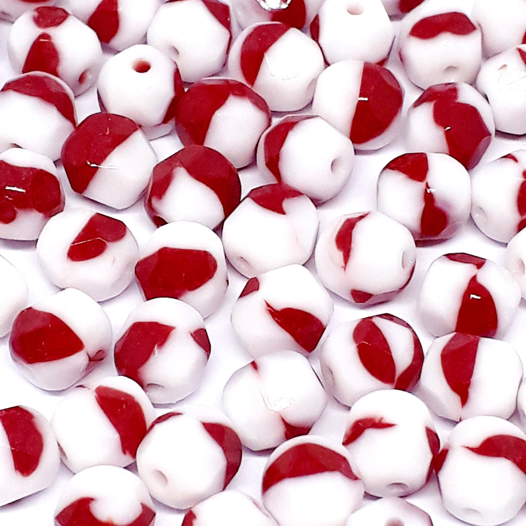 White & Dark Red Faceted Czech Glass Round 6mm - 20pcs