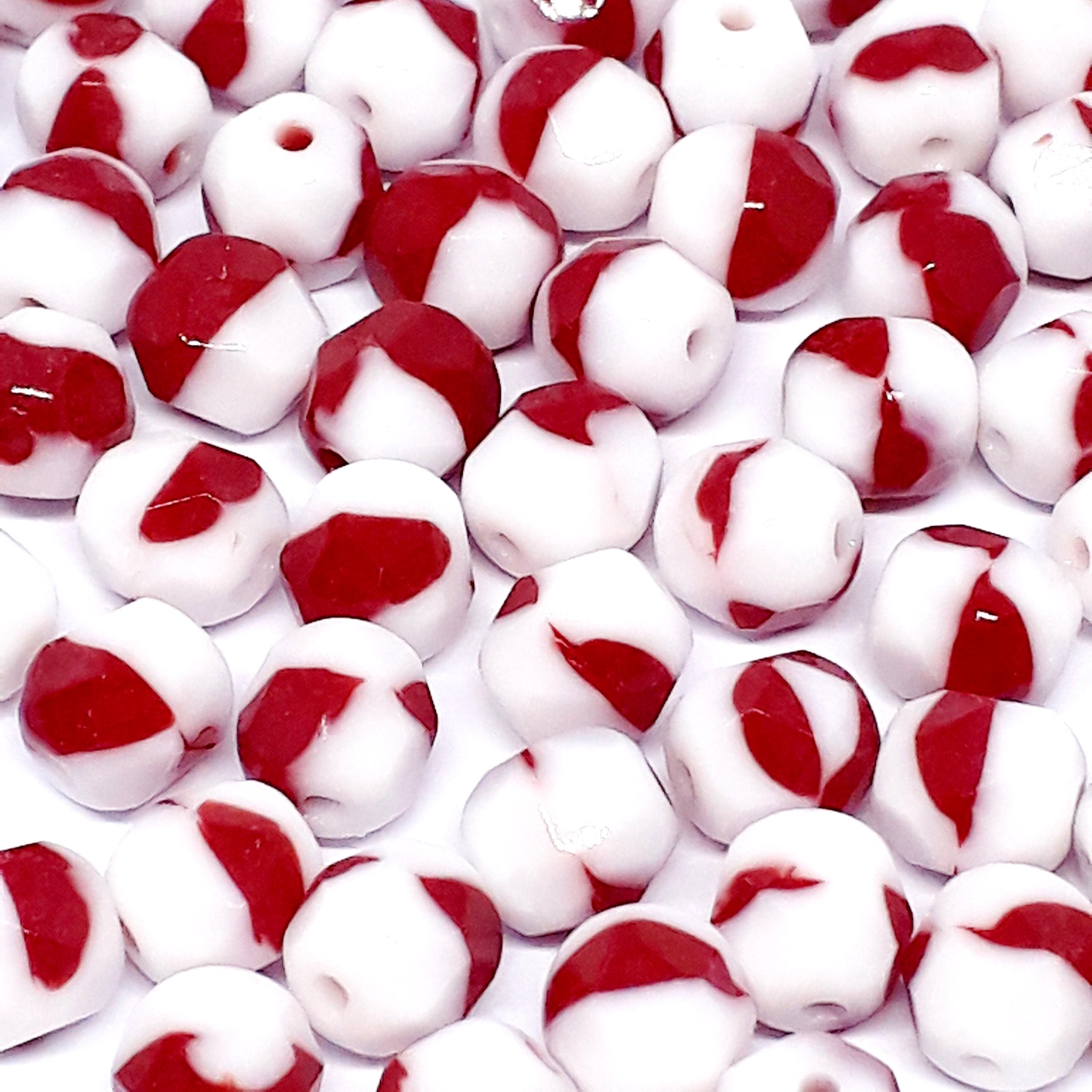 White & Dark Red Faceted Czech Glass Round 6mm - 20pcs
