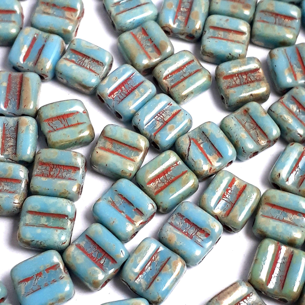 2-Hole Turquoise, Red & Gold Picasso Czech Glass Square 6mm - 20pcs