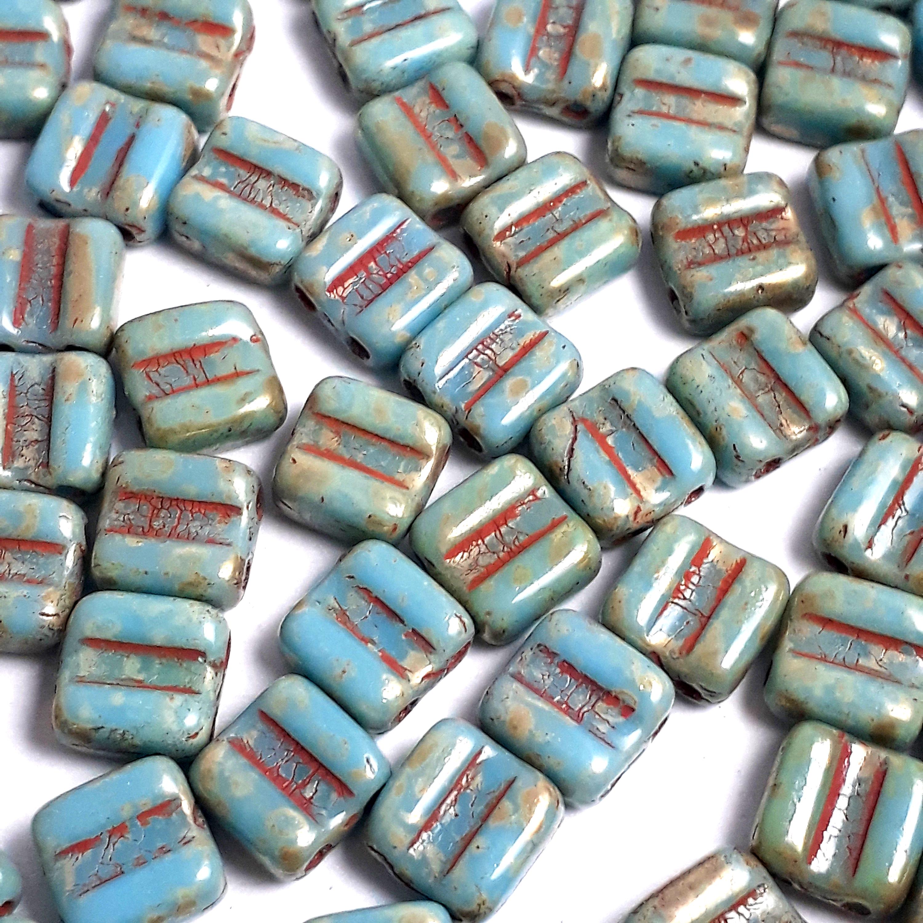 2-Hole Turquoise, Red & Gold Picasso Czech Glass Square 6mm - 20pcs