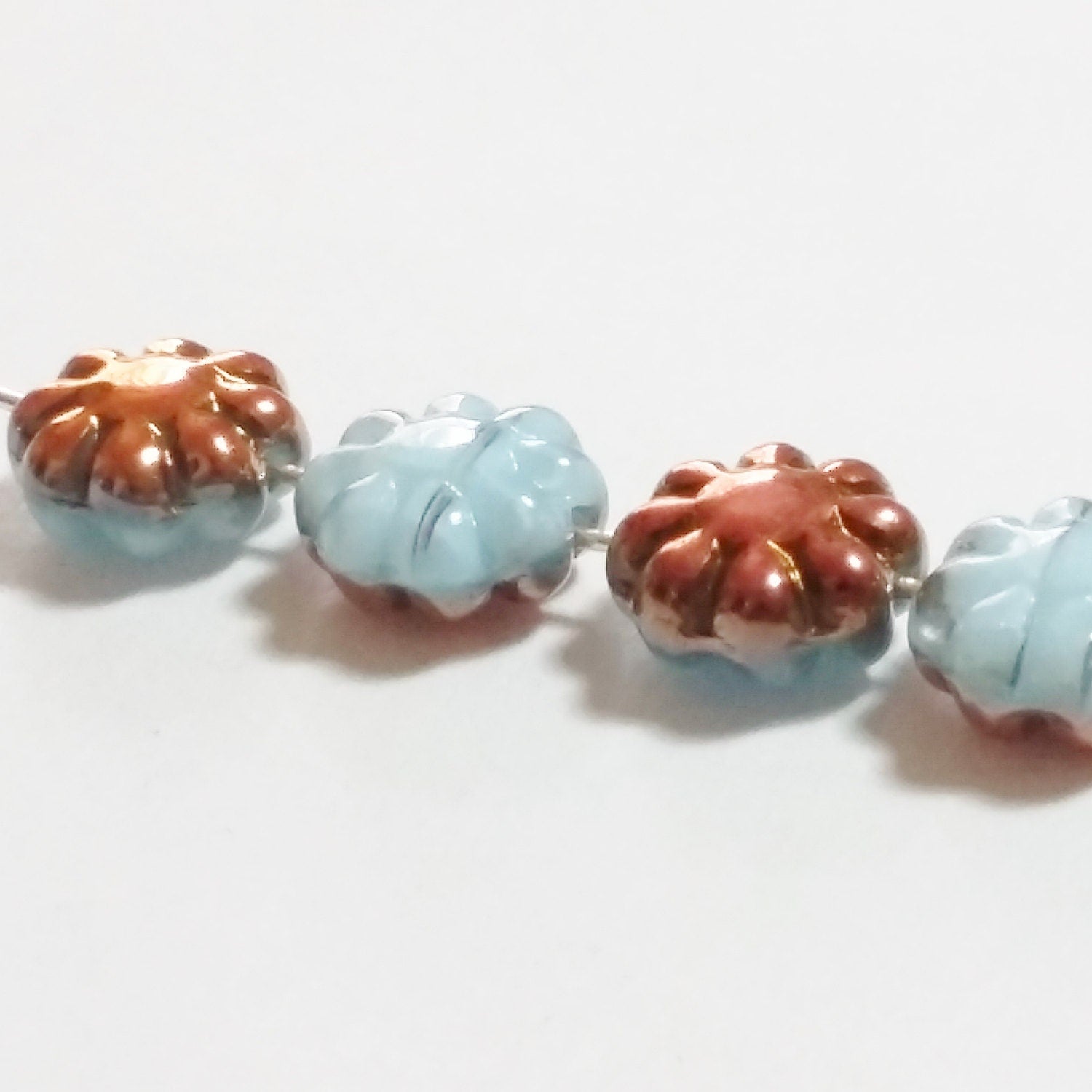 Light Blue & Orange Metallic Czech Glass Flower 9mm - 10pcs