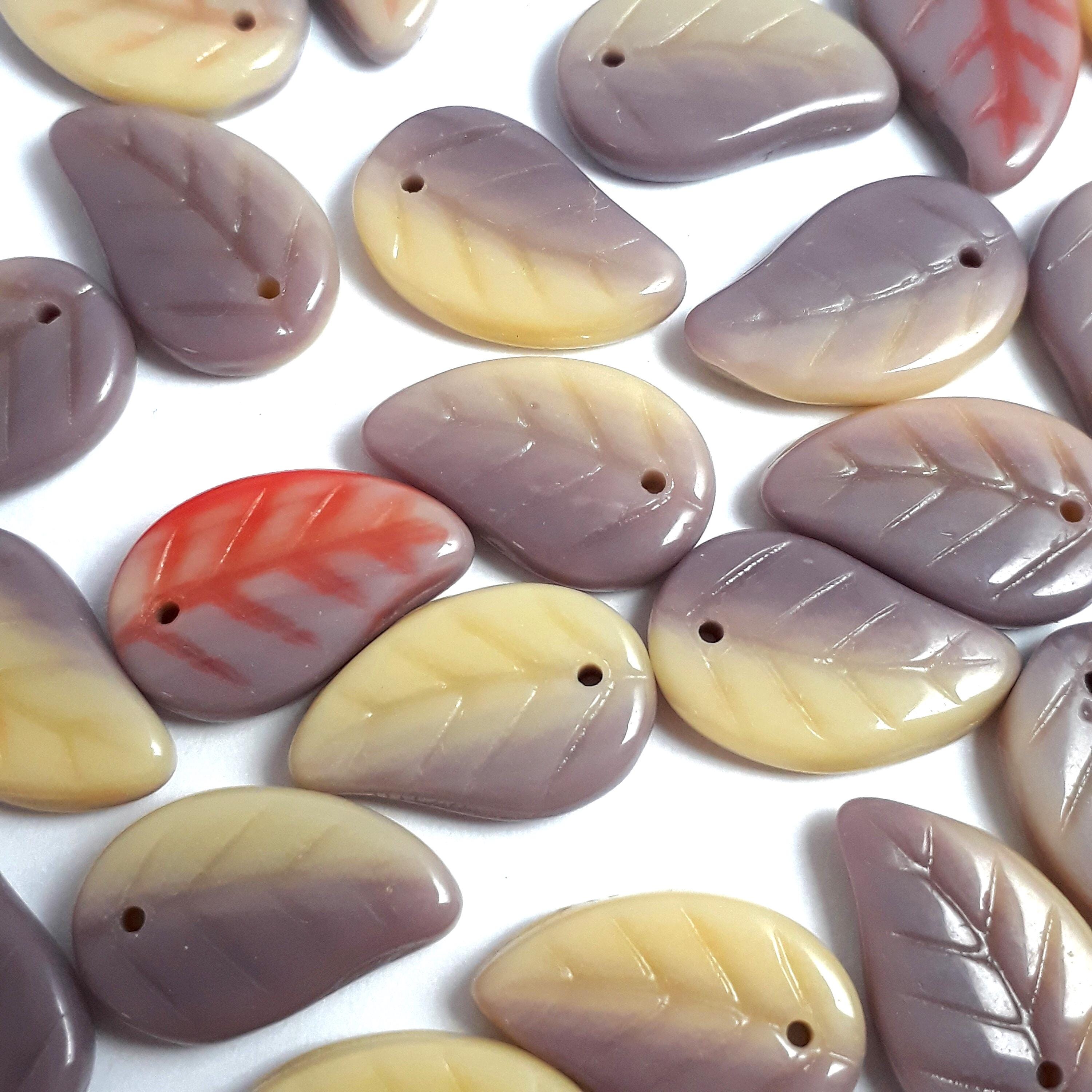 Purple, Cream & Red Czech Glass Leaf 14x9mm - 10pcs