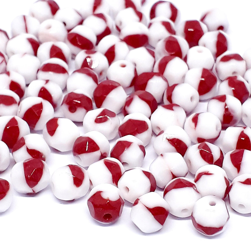 White & Dark Red Faceted Czech Glass Round 6mm - 20pcs