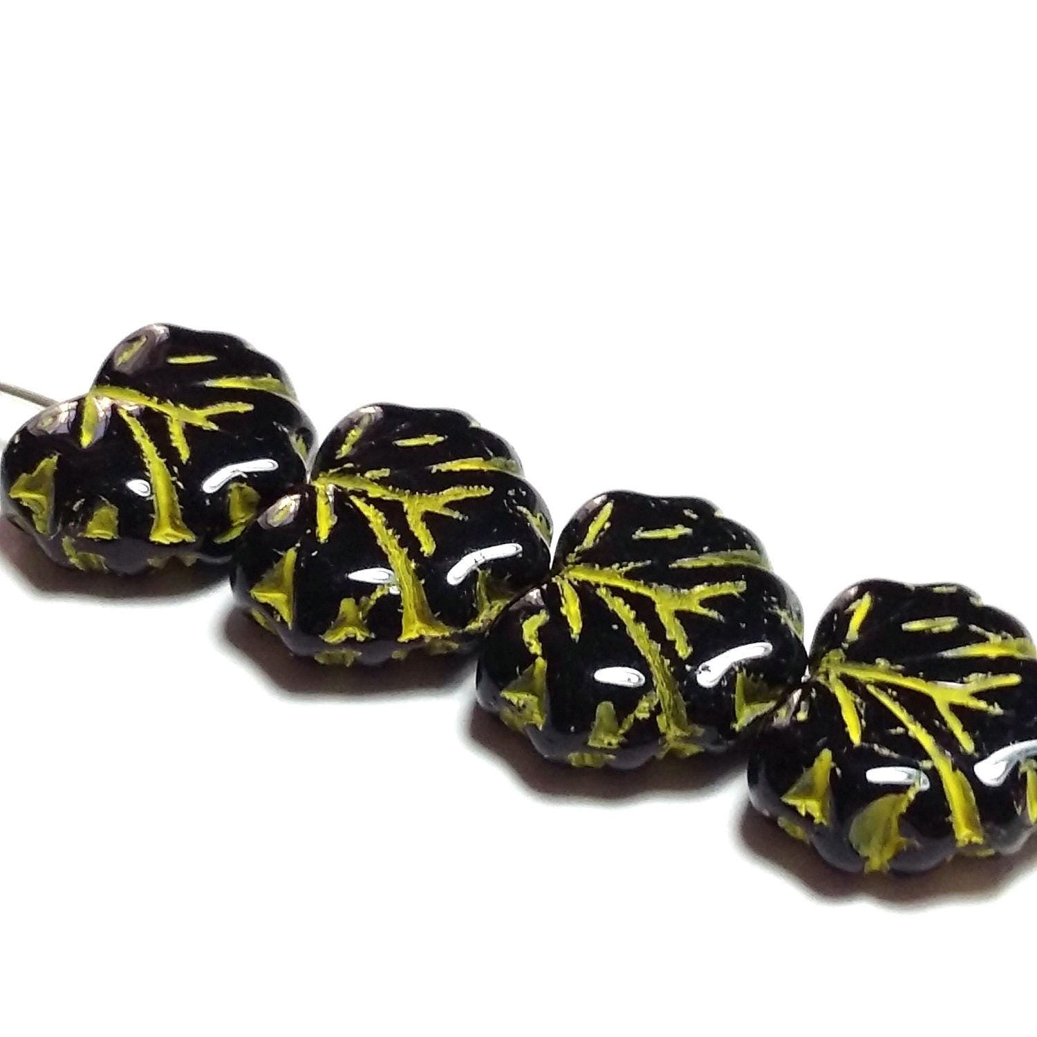 Black & Yellow Czech Glass Maple Leaf 13x11mm - 10pcs