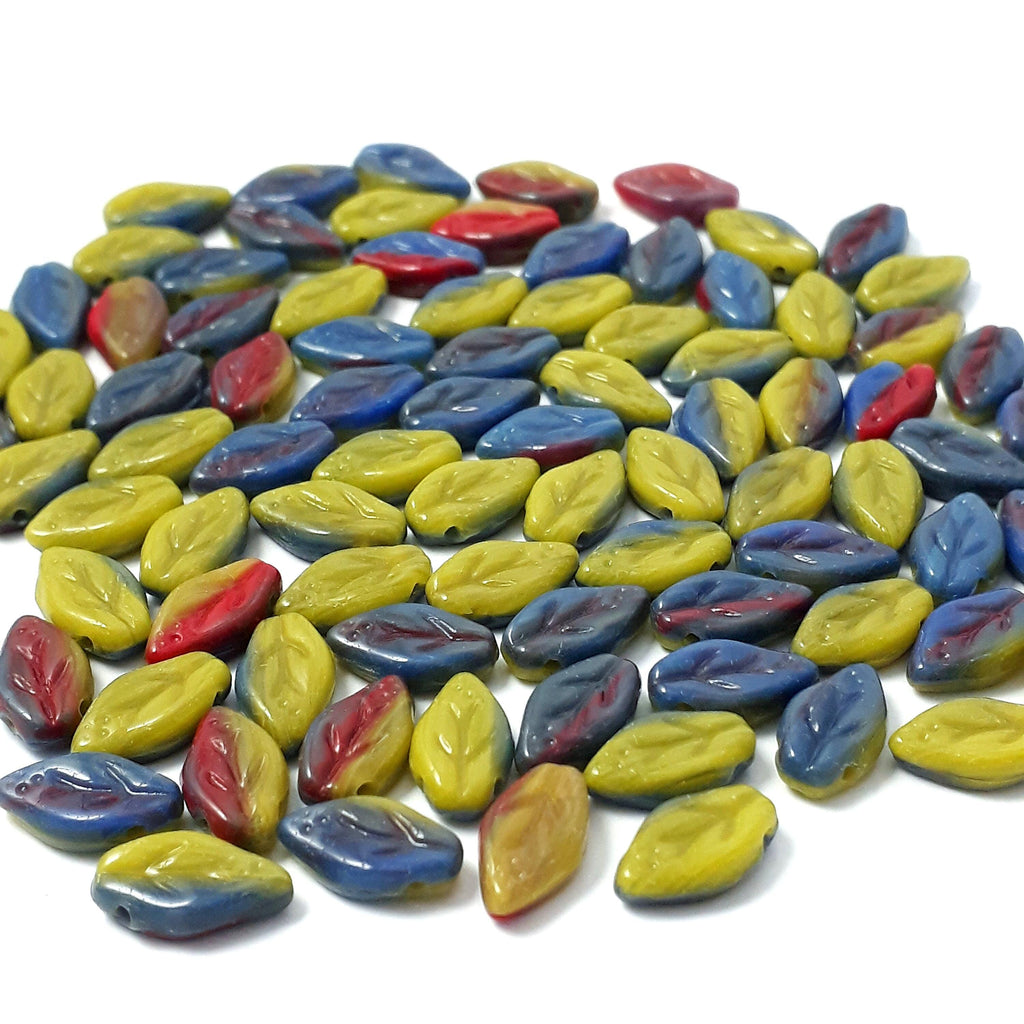 Green, Blue & Red Czech Glass Leaf 10x6mm - 30pcs