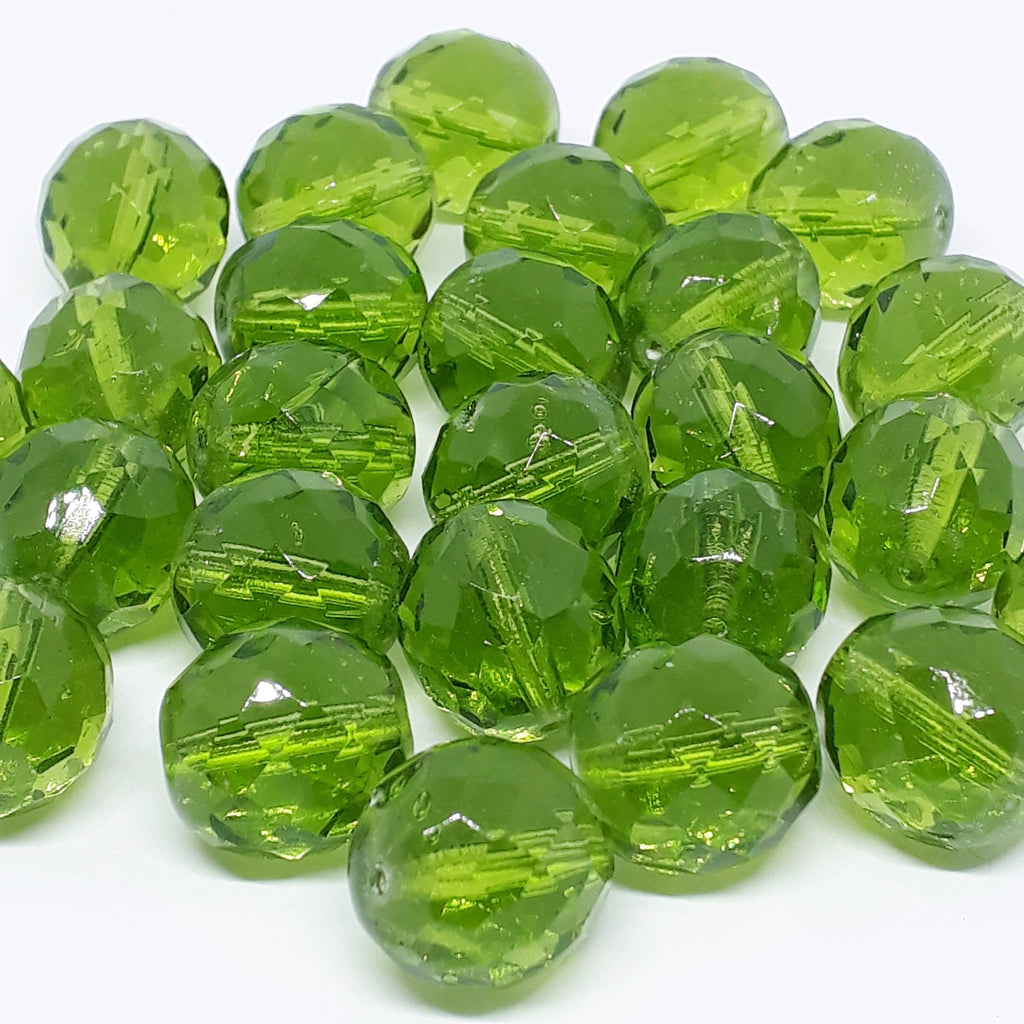 Green Faceted Czech Glass Round 14x13mm - 6pcs