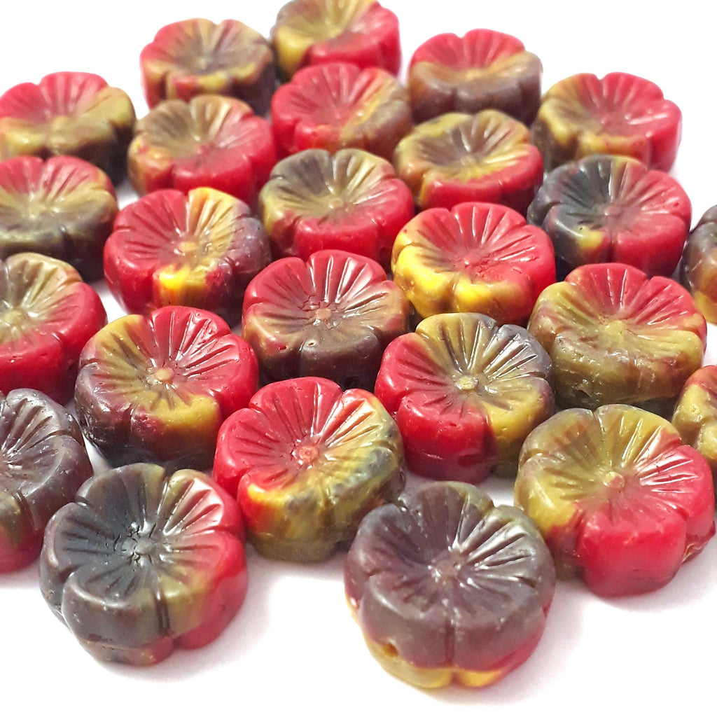 Red, Yellow & Brown Hawaiian Flower Czech Glass 14mm - 6pcs