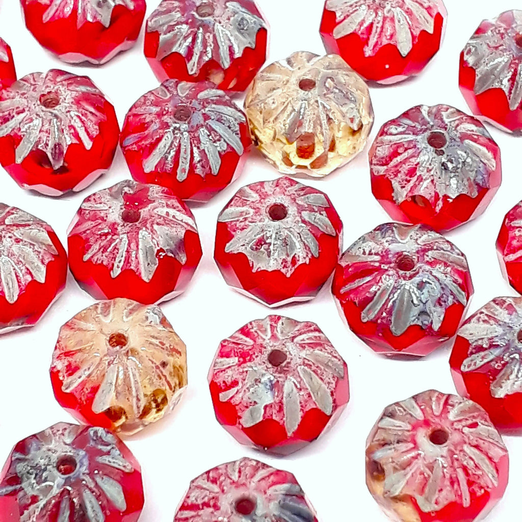 Red & Clear Czech Glass Rondelle Cathedral 10x7mm - 6pcs