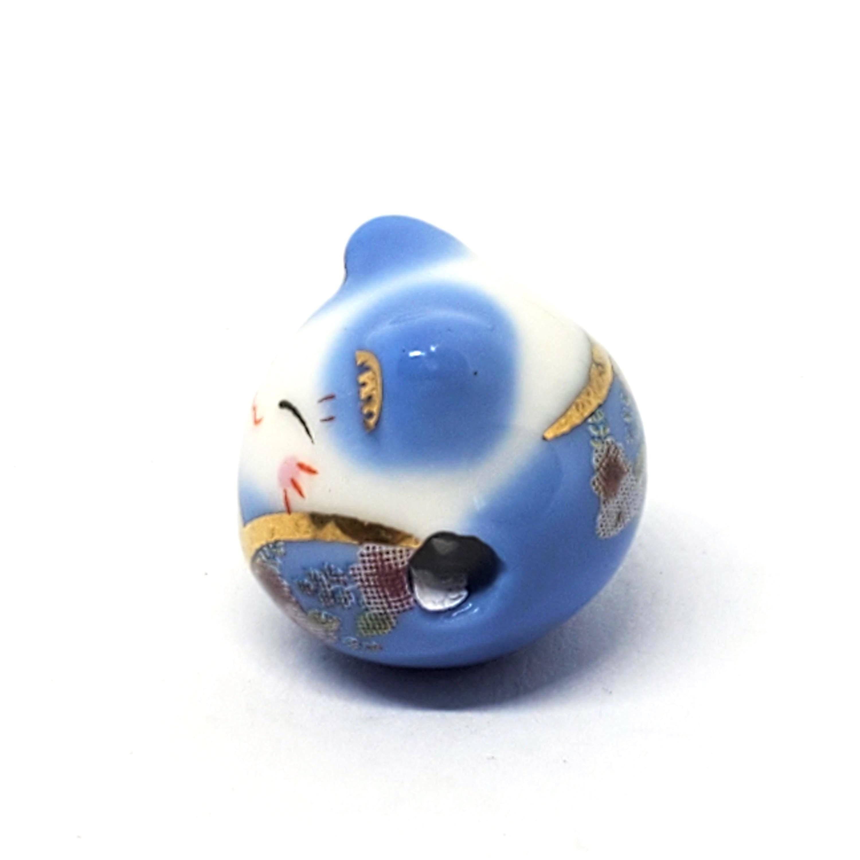 Chinese Cat Ceramic White & Blue 15x14mm - 1pc
