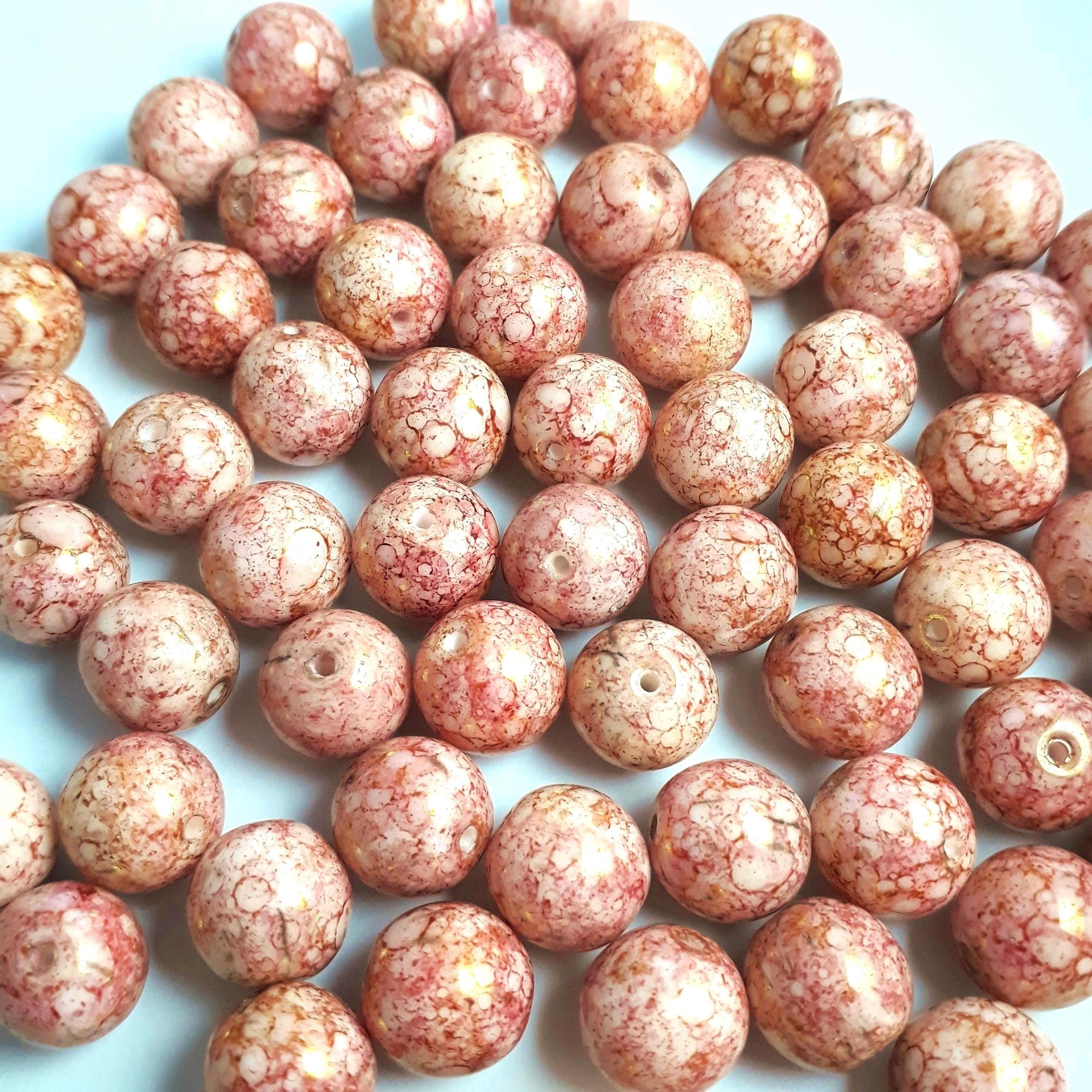Mottled Pink & Gold Lustre Czech Glass Round 10mm - 10pcs