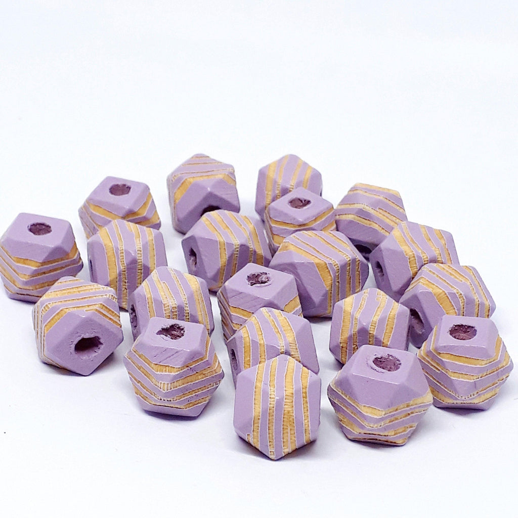 Purple Striped Carved Wood Polygon 10x10mm - 5pcs
